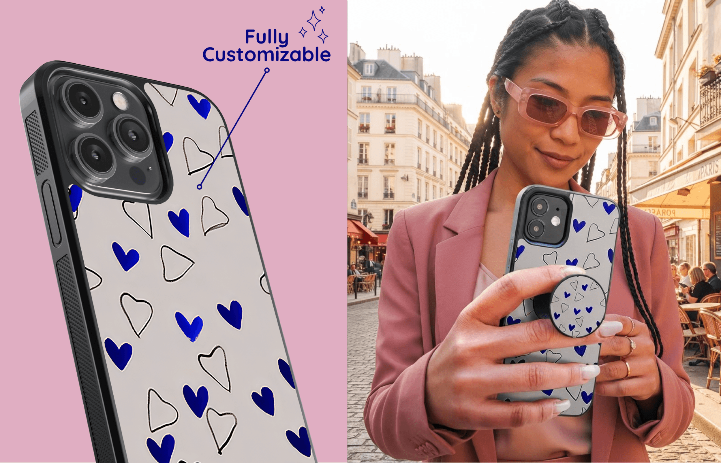 Azure Hearts 1 | Yoursubli Aura Core Smartphone Case Im Azure Hearts Design Mit Blauen Ausgefüllten Und Konturierten Herzen Auf Hellem Hintergrund Präsentiert in Einer Stilvollen Passenden Lifestyle Szene | Yoursubli