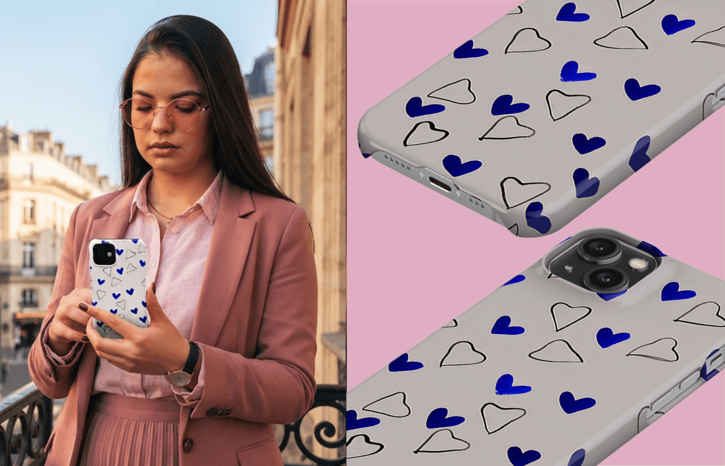 Azure Hearts 2 | Yoursubli Lumina Case Azure Hearts in Blau Und Weiß Mit Ausgefüllten Und Konturierten Herzmustern Inszeniert in Einer Modernen Lifestyle Ästhetik Mit Passenden Detailaufnahmen Des Designs | Yoursubli