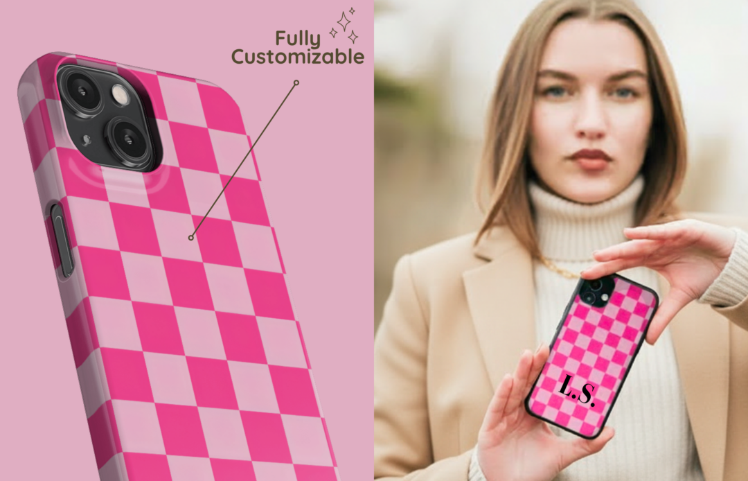 Blush Grid 1 | Yoursubli Blush Grid Lumina Case Mit Pinkem Schachbrettmuster Als Detailaufnahme Und in Der Hand Gehalten | Yoursubli