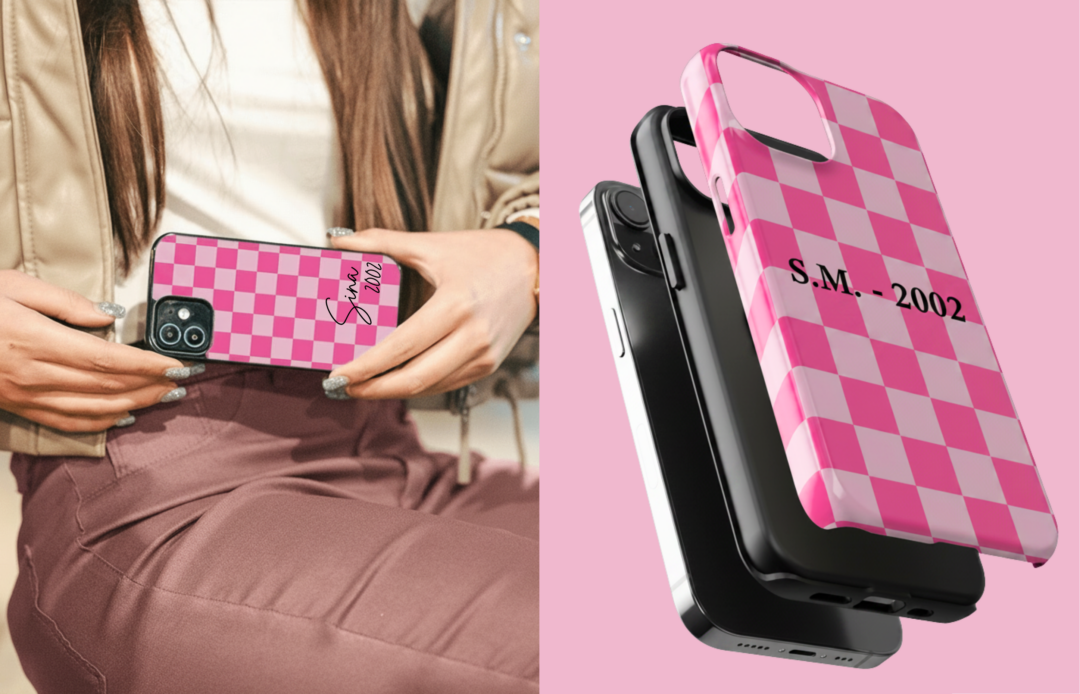 Blush Grid 3 | Yoursubli Blush Grid Handyhülle in Pink Von Einer Frau Gehalten Und Zwei Nahaufnahmen Der Armor Case Und Aura Core Case | Yoursubli