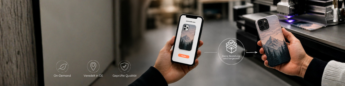 Individuell Gestaltete Handyhülle Wird in Deutschland Produziert  Vergleich Zwischen Digitalem Design Und Fertigem Produkt in Der Manufaktur | Yoursubli