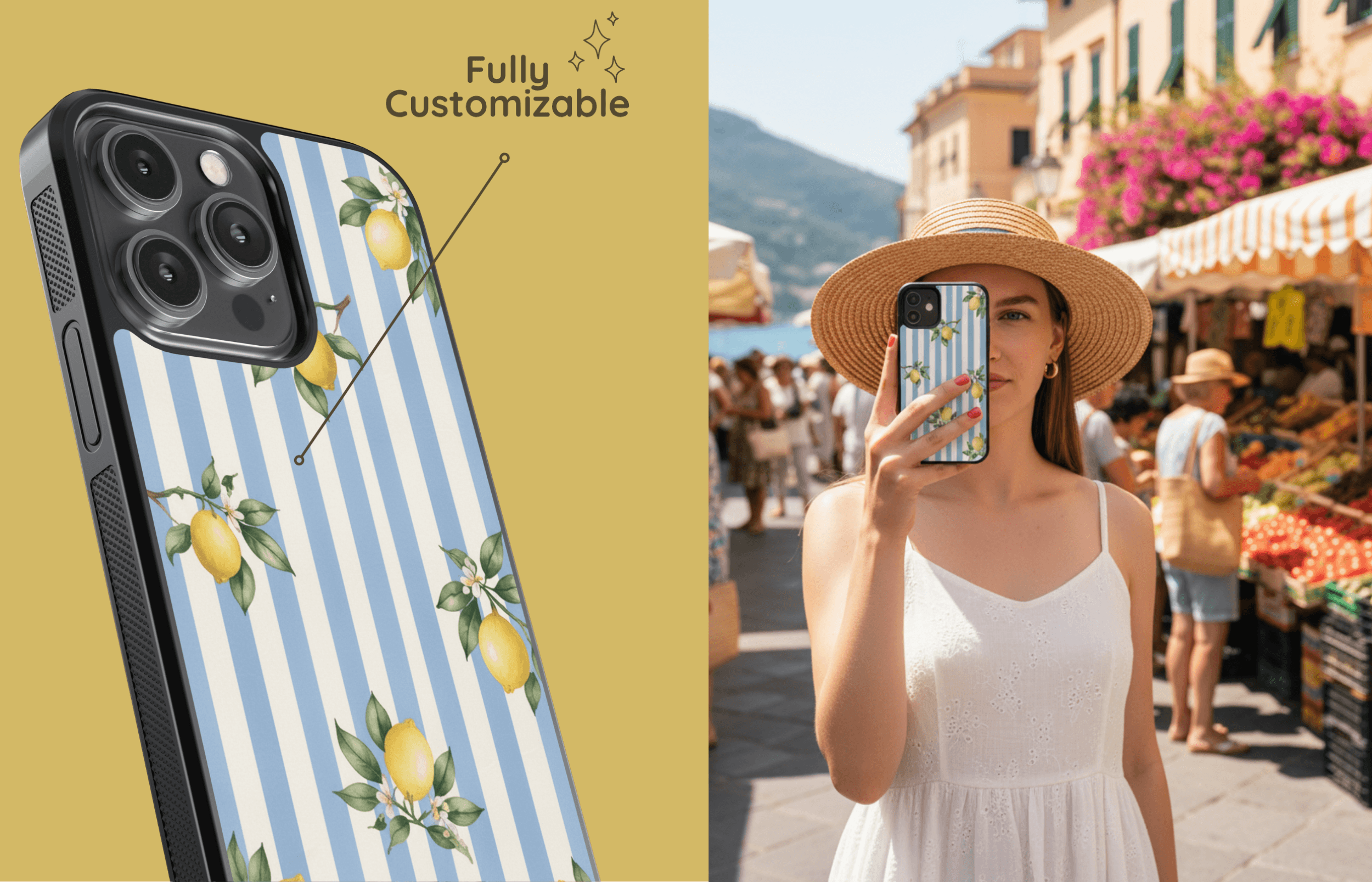 Amalfi Lemons Aura Core Case Mit Gestreiften Zitronenmuster Als Detailaufnahme Und Von Einer Frau in Italien Am Markt Gehalten | Yoursubli