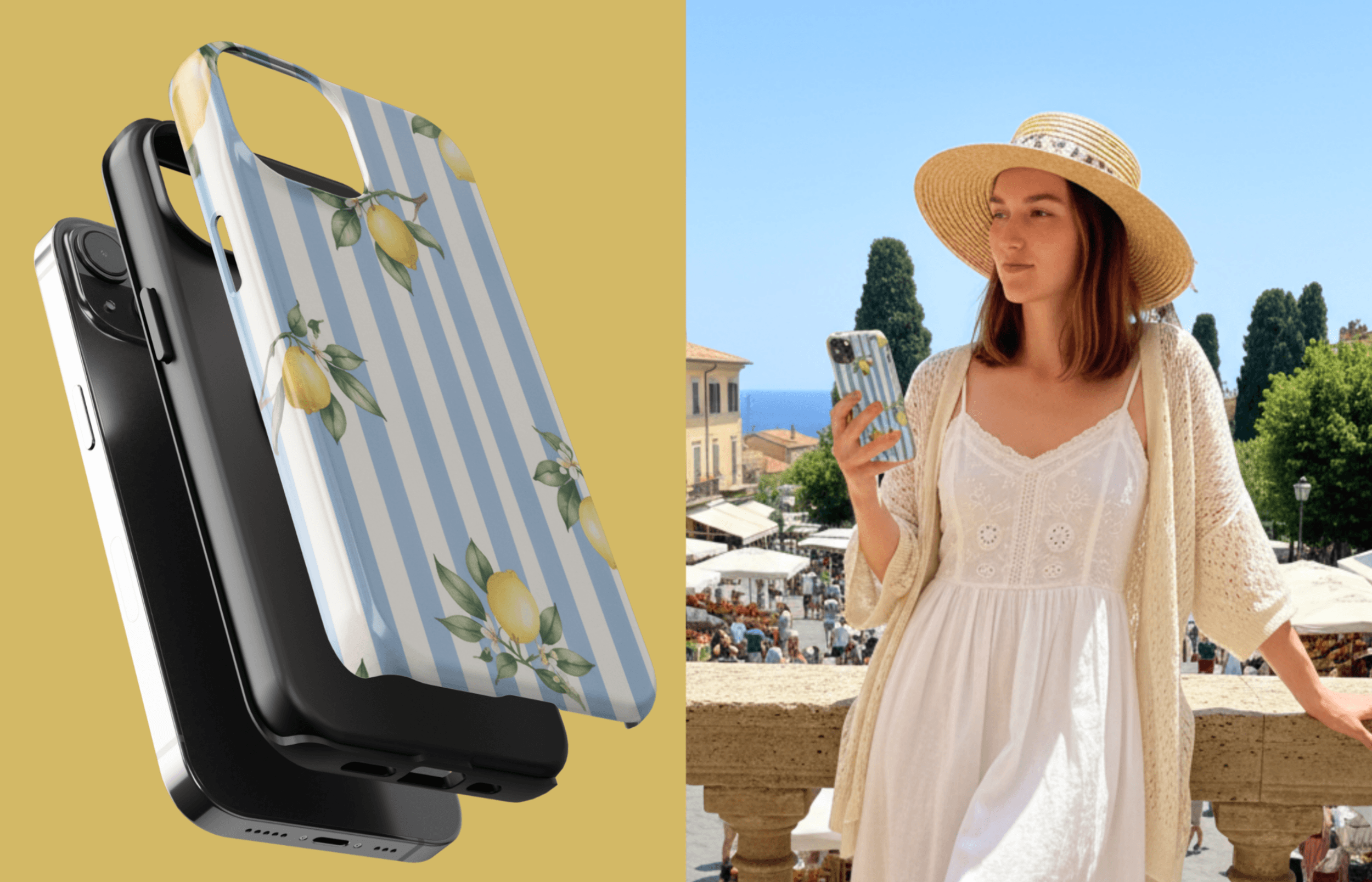 Amalfi Lemons Handyhülle in Blau Und Weiß Von Einer Frau Gehalten in Sommerlicher Umgebung Am Markt | Yoursubli