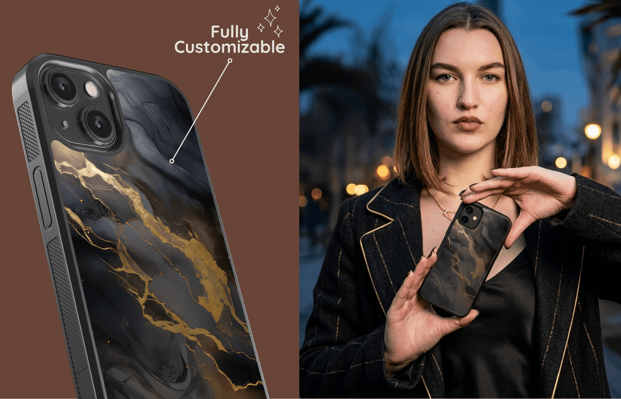 Gold Vein Aura Core Case in Schwarz goldener Marmor optik Als Detailaufnahme Und Von Einer Frau Abends in Der Stadt Gehalten | Yoursubli