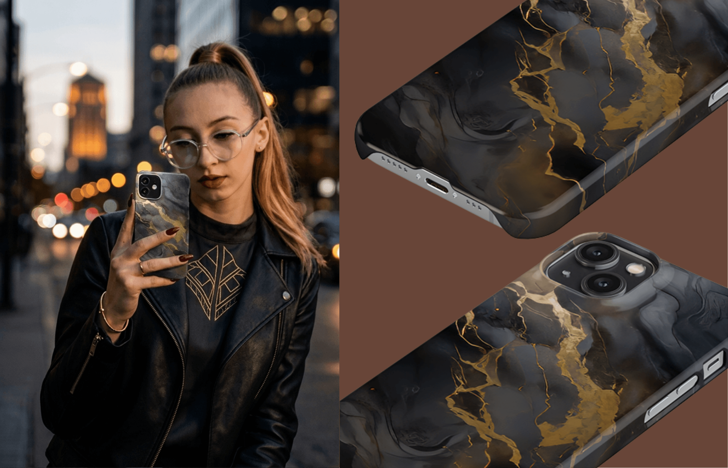 Lumina Case Im Design Gold Vein Als Detail  Und Handaufnahme Und Von Einer Frau in Der Hand Gehalten | Yoursubli