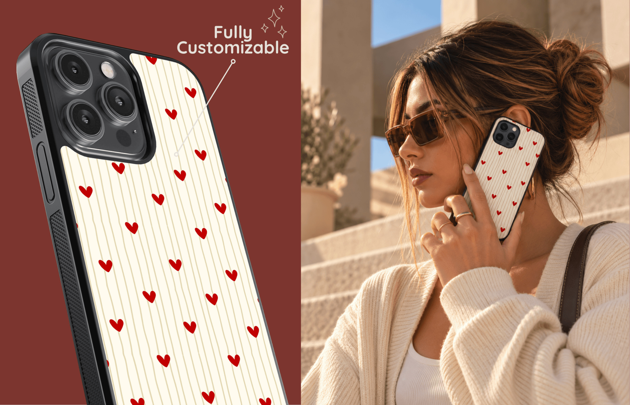 Aura Core Smartphone Case Im Heartstrings Design Mit Roten Herzen Und Feinen Beigen Linien Auf Cremefarbenem Grund Präsentiert in Einer Stilvollen Lifestyle Szene | Yoursubli