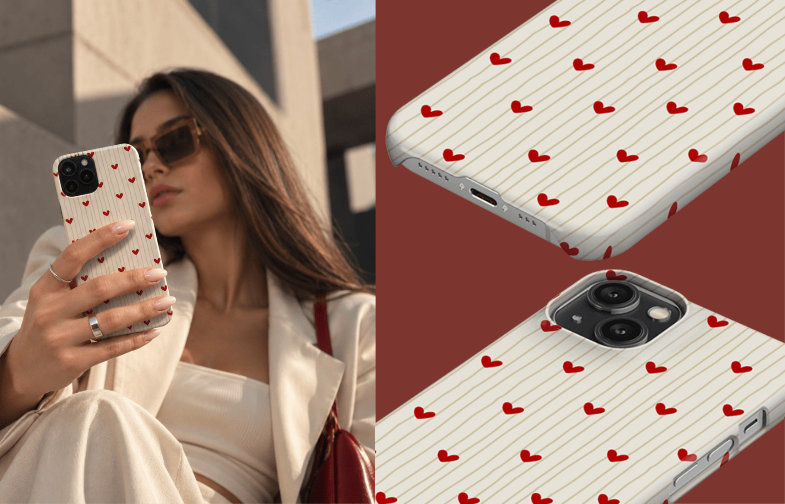Lumina Case Heartstrings Mit Regelmäßigem Muster Aus Roten Herzen Und Hellen Wellenförmigen Linien Auf Cremefarbenem Grund Inszeniert in Einer Modernen Lifestyle Ästhetik Mit Passenden Detailaufnahmen Des Designs | Yoursubli
