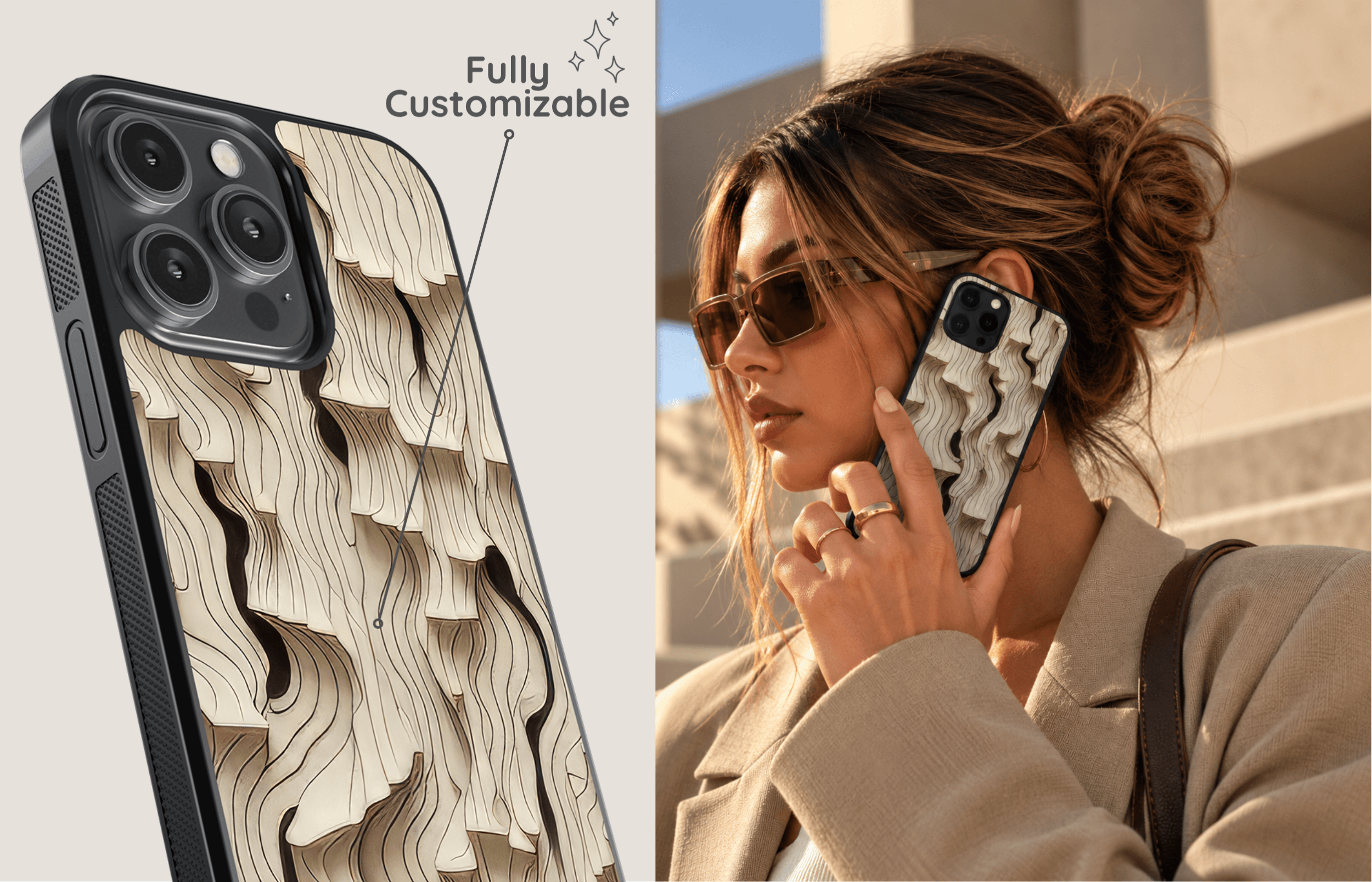 Aura Core Smartphone Case Im Outlines Design Mit Cremefarbenen Beigen Und Braunen Formen Sowie Feinen Dunklen Konturen Präsentiert in Einer Stilvollen Lifestyle Szene | Yoursubli