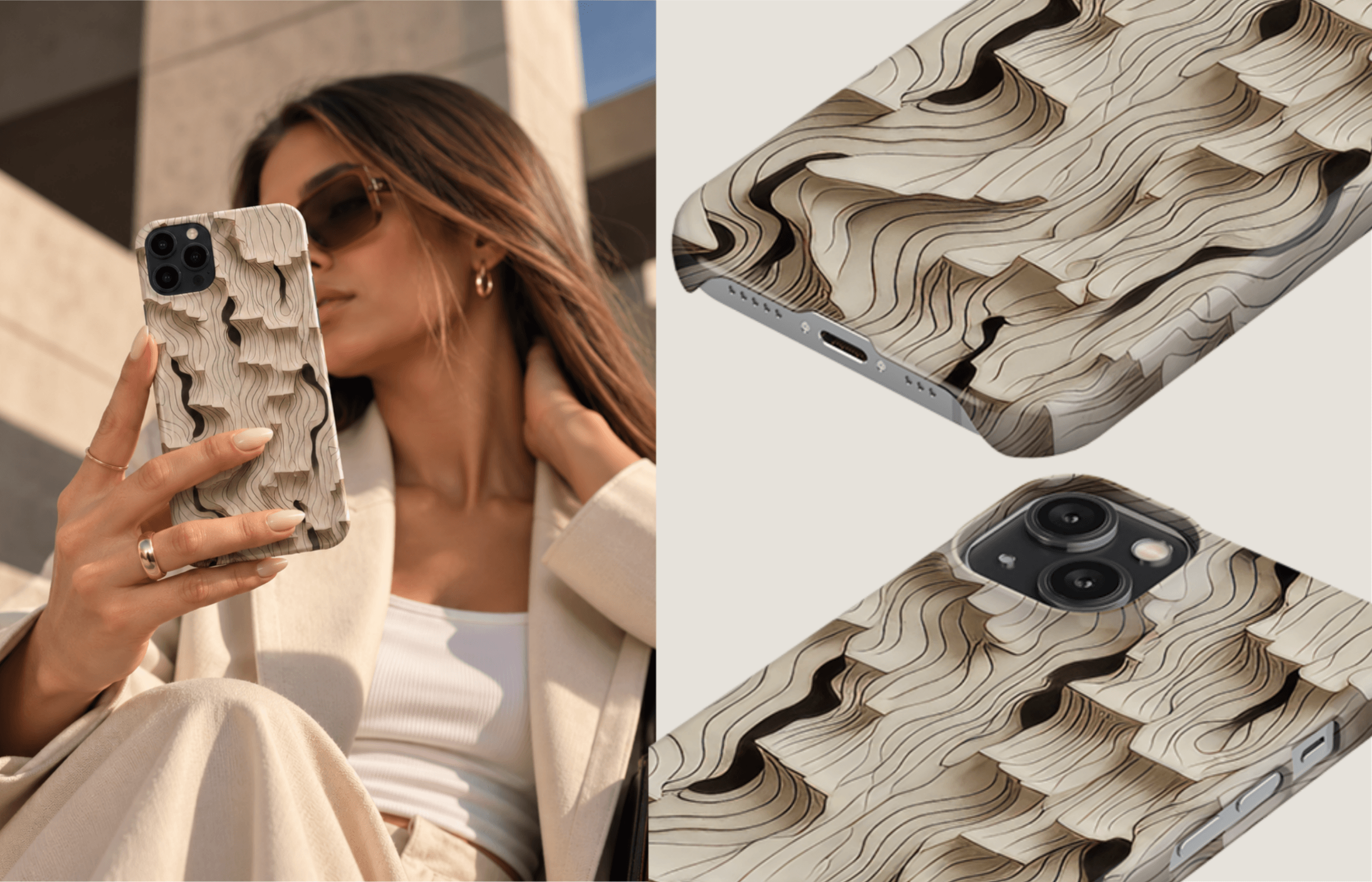 Lumina Case Outlines Mit Abstrakten Geschichteten Formen in Creme Beige Und Braun Sowie Dunklen Geschwungenen Linien Inszeniert in Einer Modernen Lifestyle Ästhetik | Yoursubli