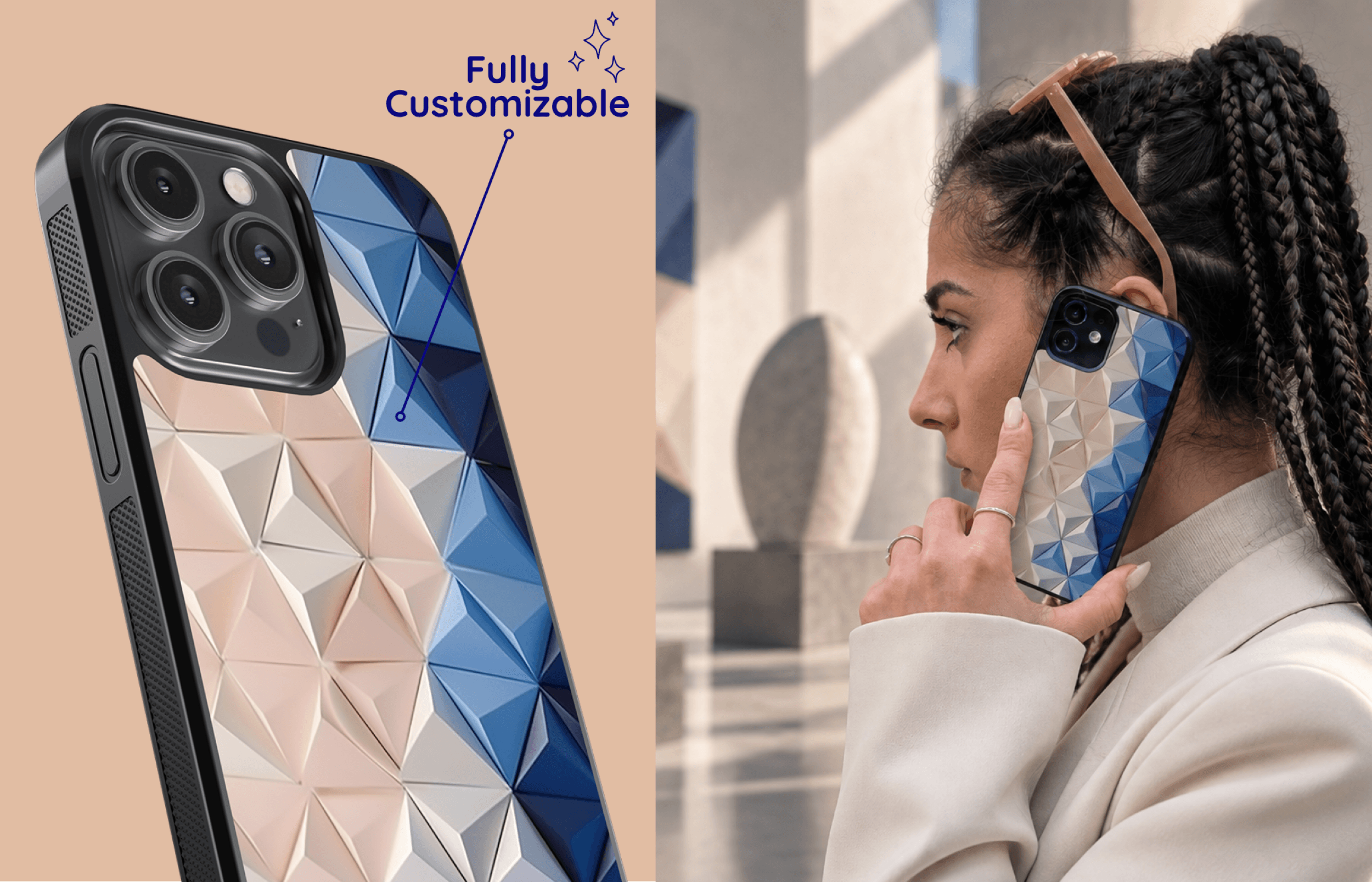 Aura Core Smartphone Case Im Paratriad Design Mit Facettiertem Dreiecksmuster in Beige Rosé Grau Und Blau Präsentiert in Einer Stilvollen Passenden Lifestyle Szene | Yoursubli