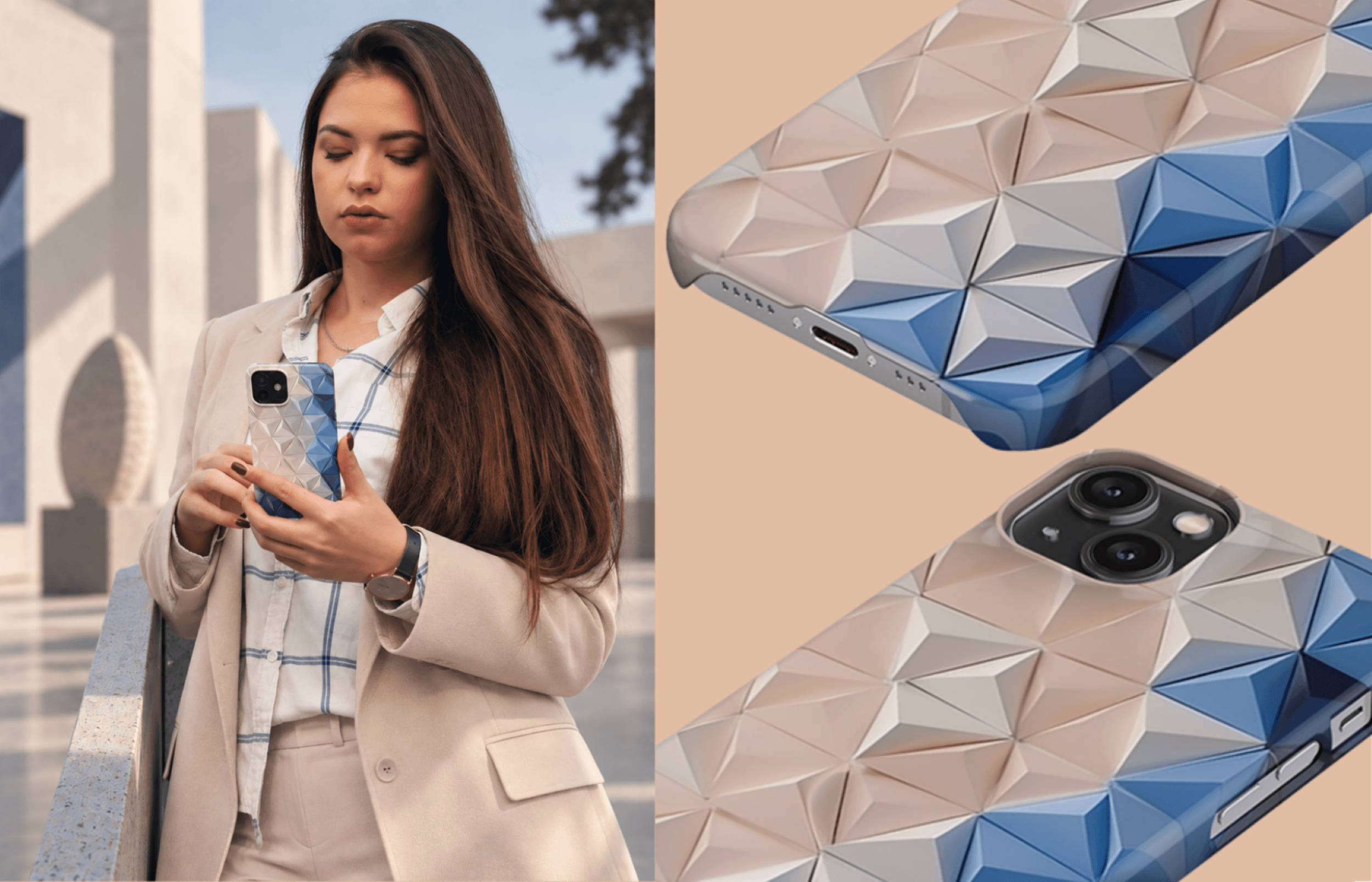 Lumina Case Paratriad in Beige Rosé Grau Und Blau Mit Geometrischen Dreidimensional Wirkenden Facetten Inszeniert in Einer Modernen Lifestyle Ästhetik Mit Passenden Detailaufnahmen Des Designs | Yoursubli