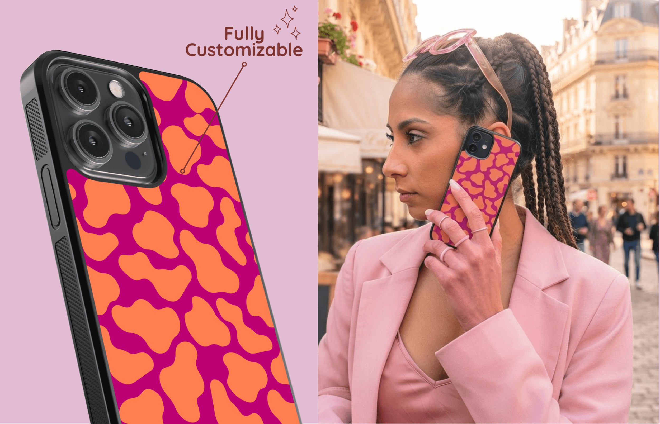 Aura Core Smartphone Case Im Peachy Love Design Mit Magenta Pfirsich Und Koralle Präsentiert in Einer Stilvollen Passenden Lifestyle Szene | Yoursubli