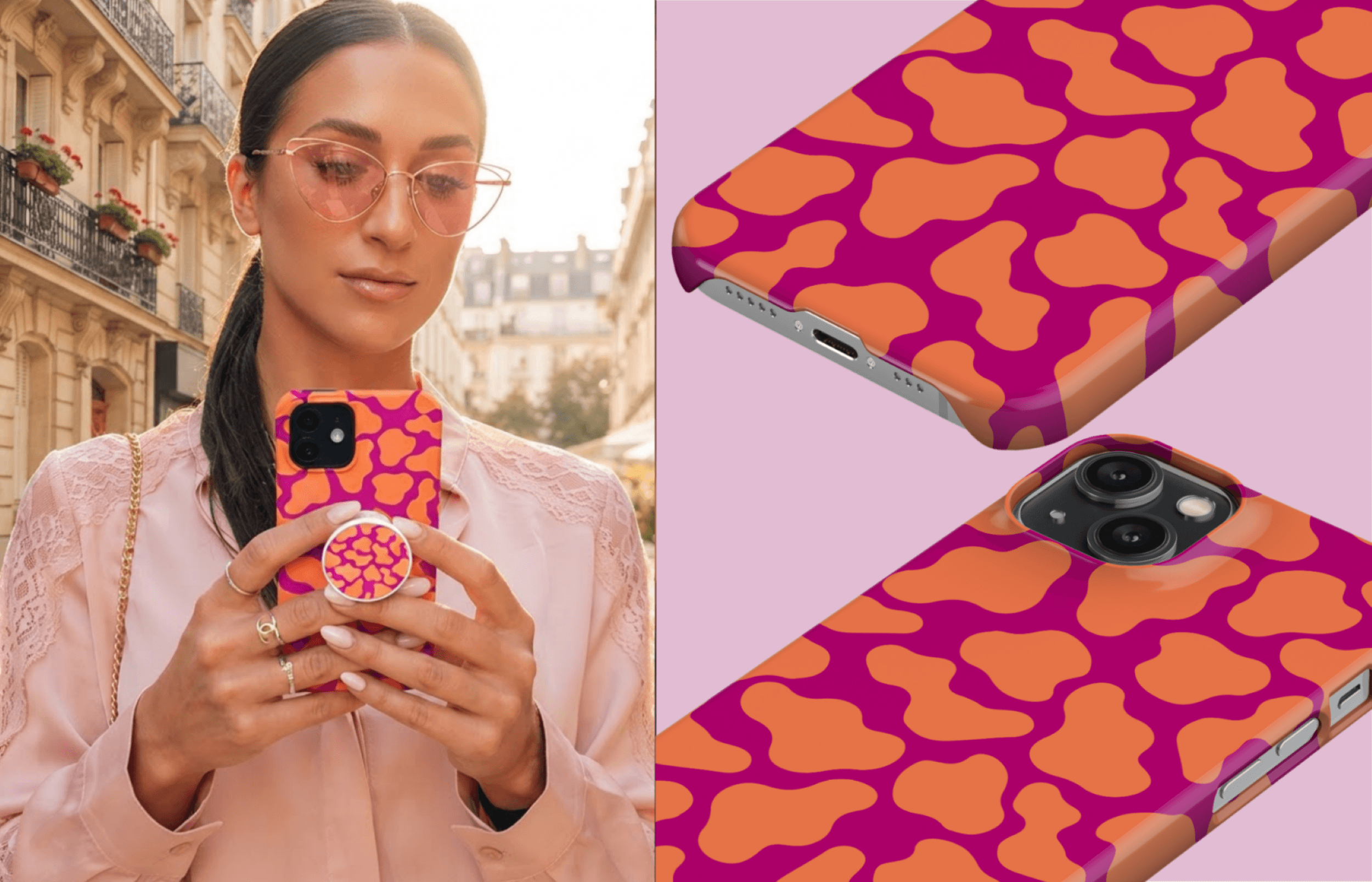 Lumina Case Peachy Love in Magenta Pfirsich Und Koralle Mit Organischem Muster Inszeniert in Einer Modernen Lifestyle Ästhetik Mit Passenden Detailaufnahmen Des Designs | Yoursubli