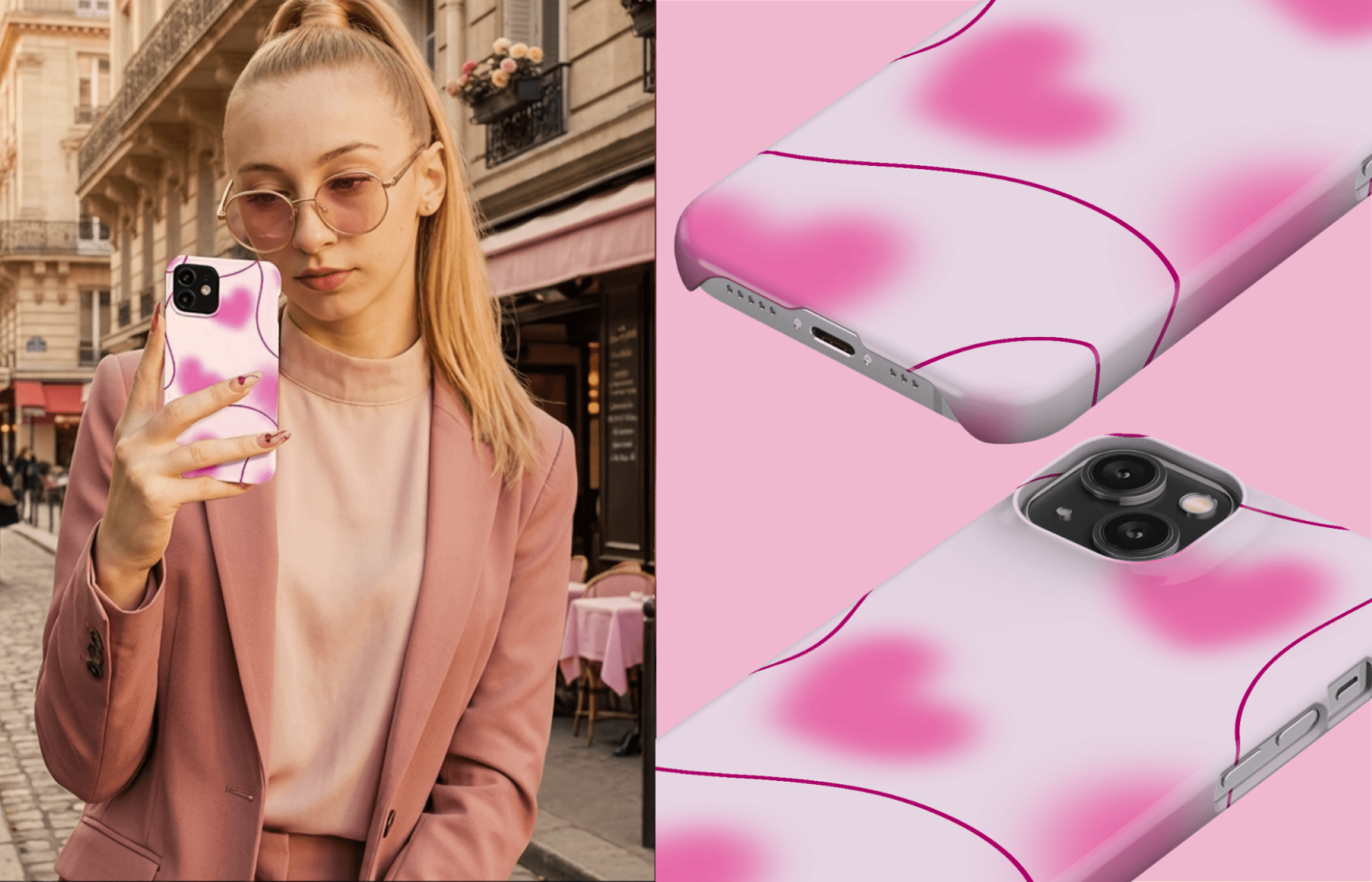 Rosy Reverie 2 | Yoursubli Lumina Case Im Design Roys Reverie Mit Rosanen Herzen Inszeniert in Einer Modernen Lifestyle Ästhetik Mit Passenden Detailaufnahmen Des Designs | Yoursubli