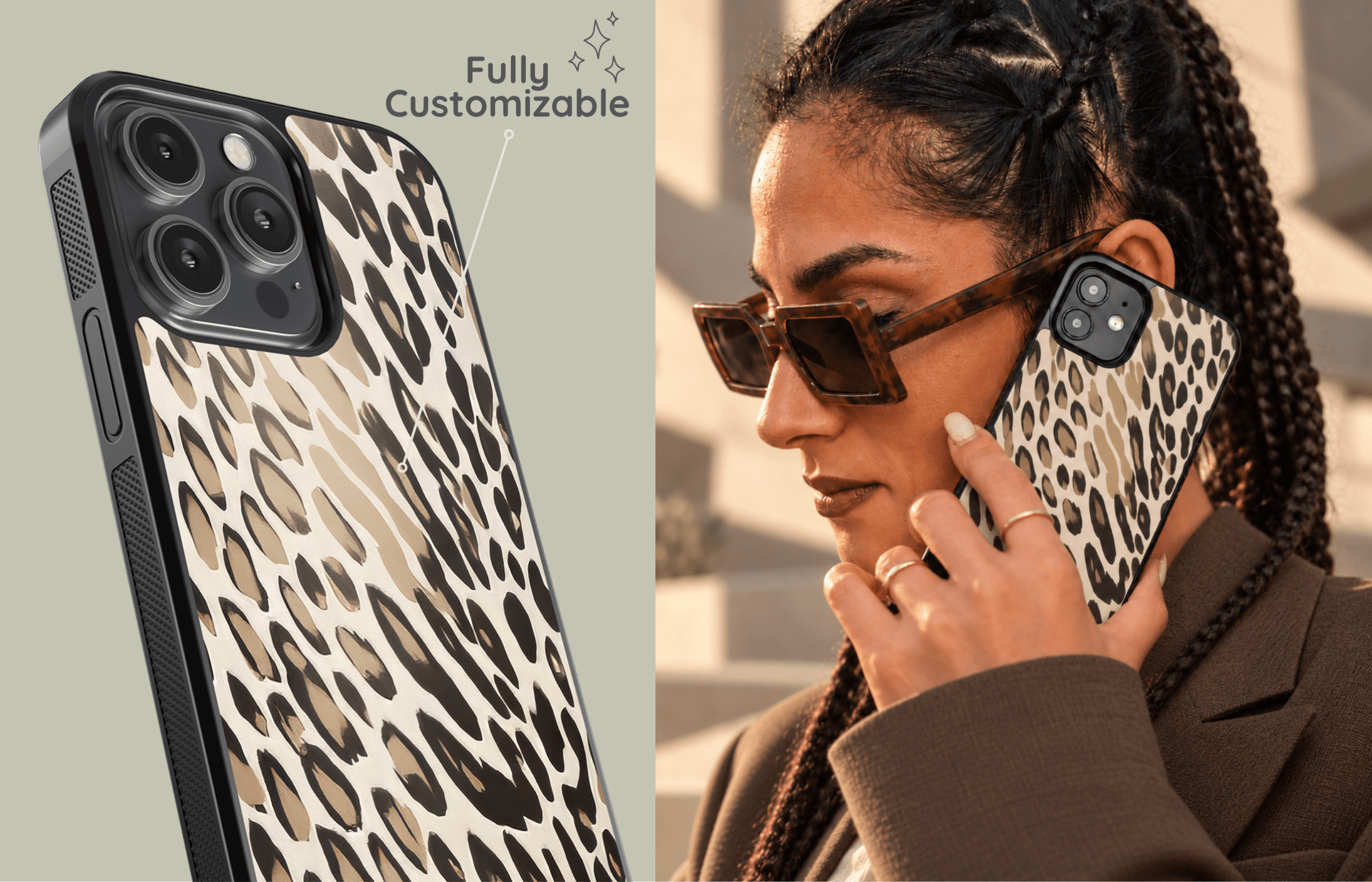 Aura Core Smartphone Case Im Wild Mark Design Mit Cremefarbenem Grund Und Unregelmäßigen Formen in Schwarz Dunkelbraun Und Sand Präsentiert in Einer Stilvollen Lifestyle Szene | Yoursubli