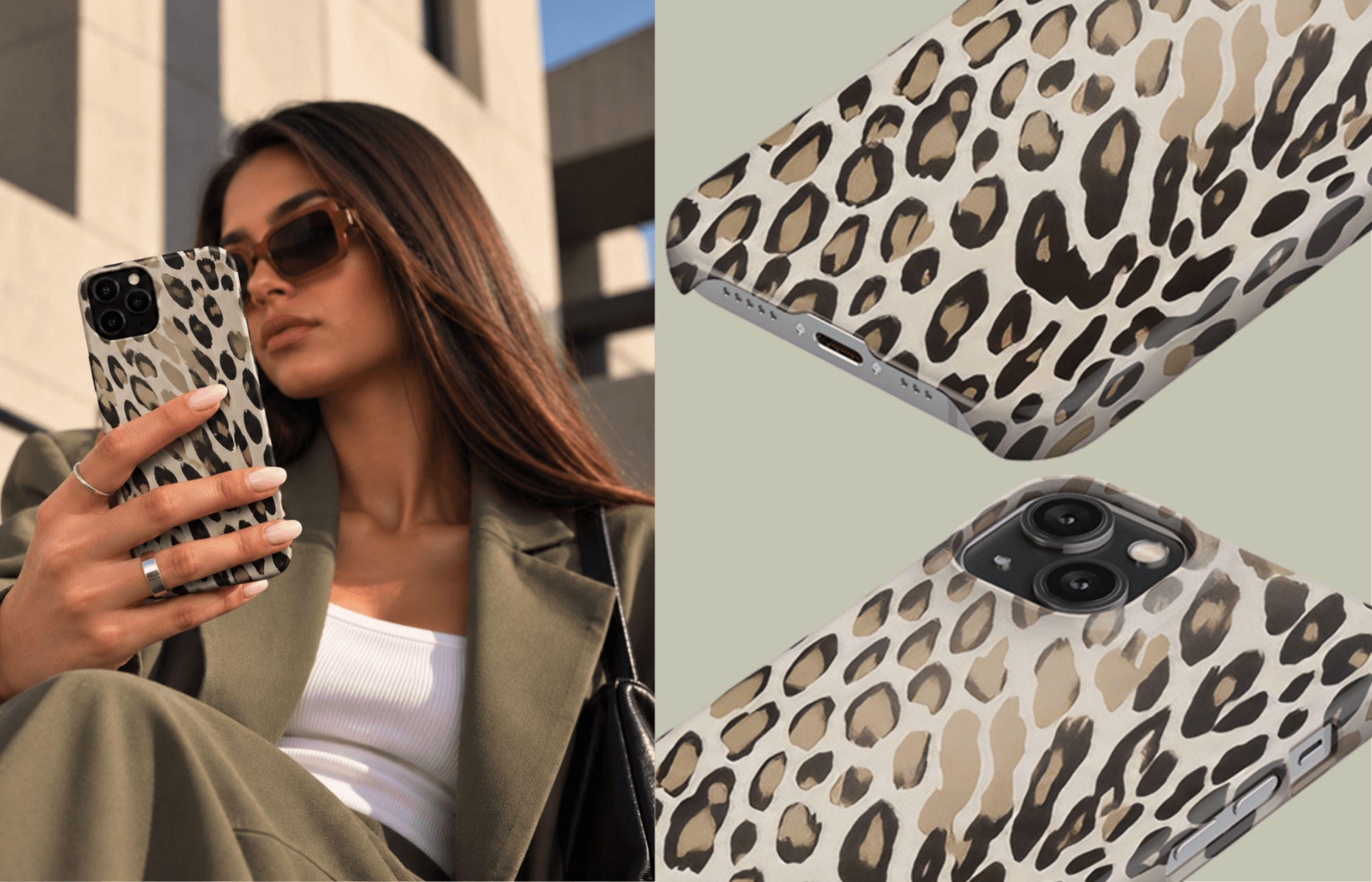 Lumina Case Wild Mark Mit Abstraktem Muster Aus Dunklen Flecken Und Länglichen Formen in Schwarz Braun Und Creme Inszeniert in Einer Modernen Lifestyle Ästhetik Mit Passenden Detailaufnahmen Des Designs | Yoursubli