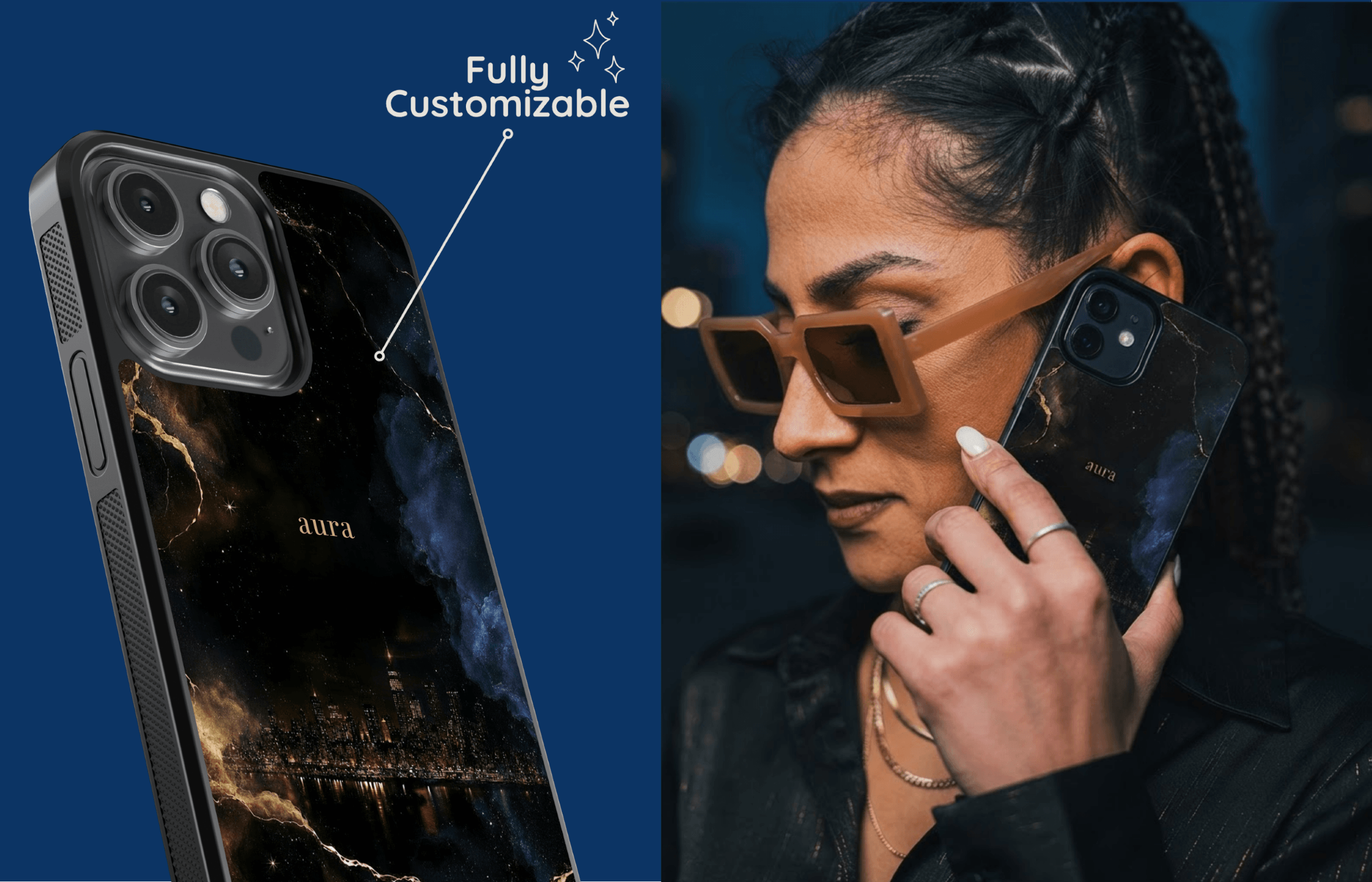 Aura Lights Aura Core Case Mit Dunkler Skyline Als Detailaufnahme Und Von Einer Frau Abends in Der Stadt Gehalten | Yoursubli