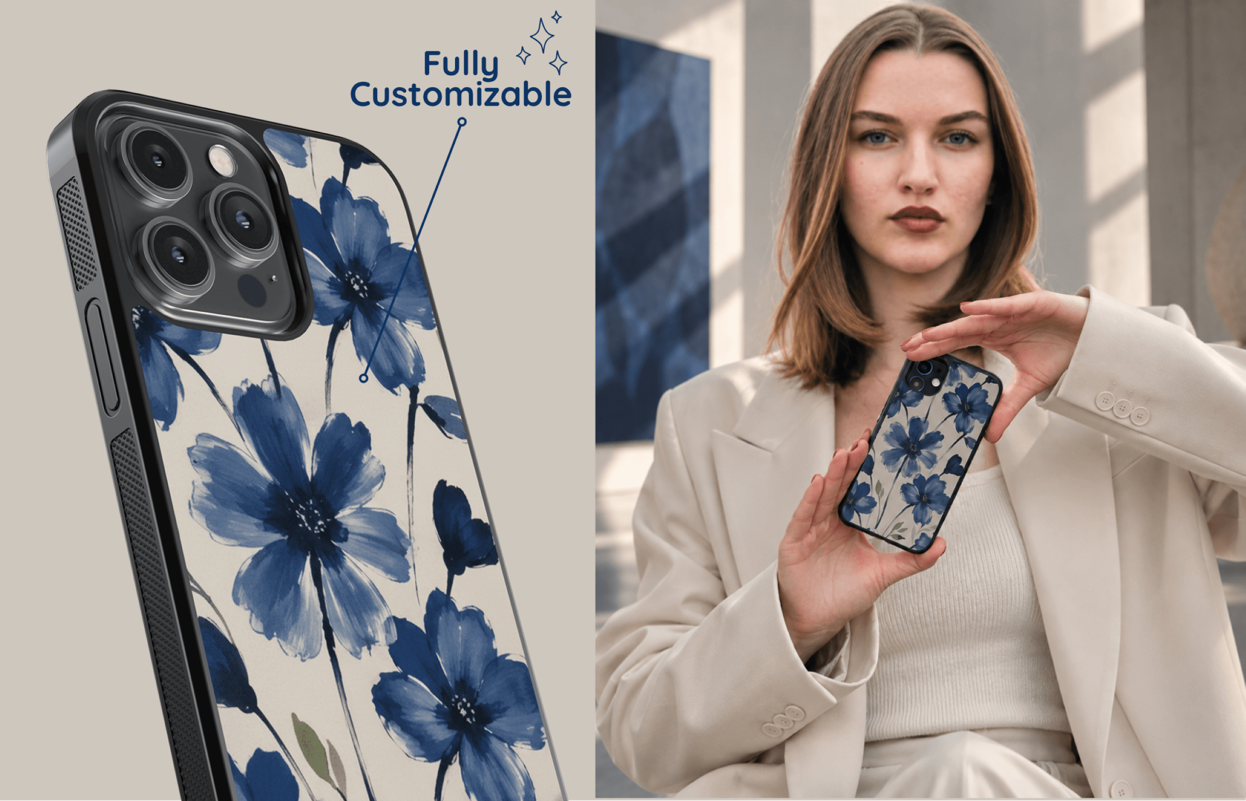 Aura Core Smartphone Case Im Bloom Study Design Mit Handgemalten Blauen Blüten Feinen Dunklen Stielen Und Grünen Blättern Präsentiert in Einer Stilvollen Passenden Lifestyle Szene | Yoursubli