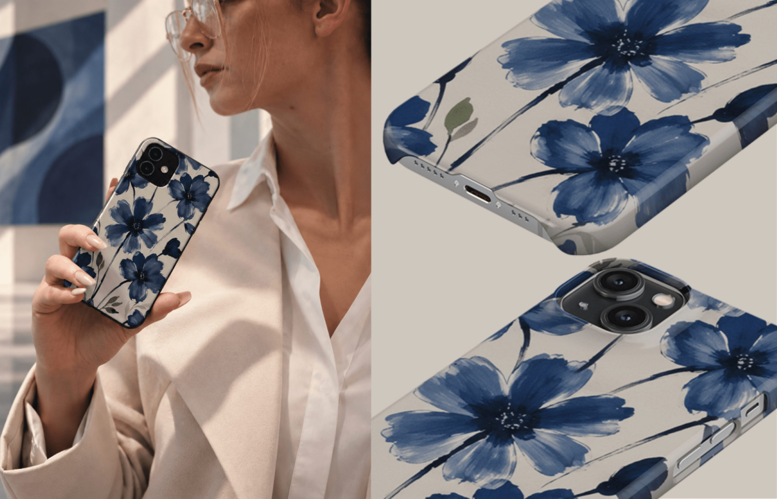 Lumina Case Bloom Study in Creme Mit Floralen Blüten in Verschiedenen Blautönen Und Zarten Grünen Blättern Inszeniert in Einer Modernen Lifestyle Ästhetik Mit Passenden Detailaufnahmen Des Designs | Yoursubli