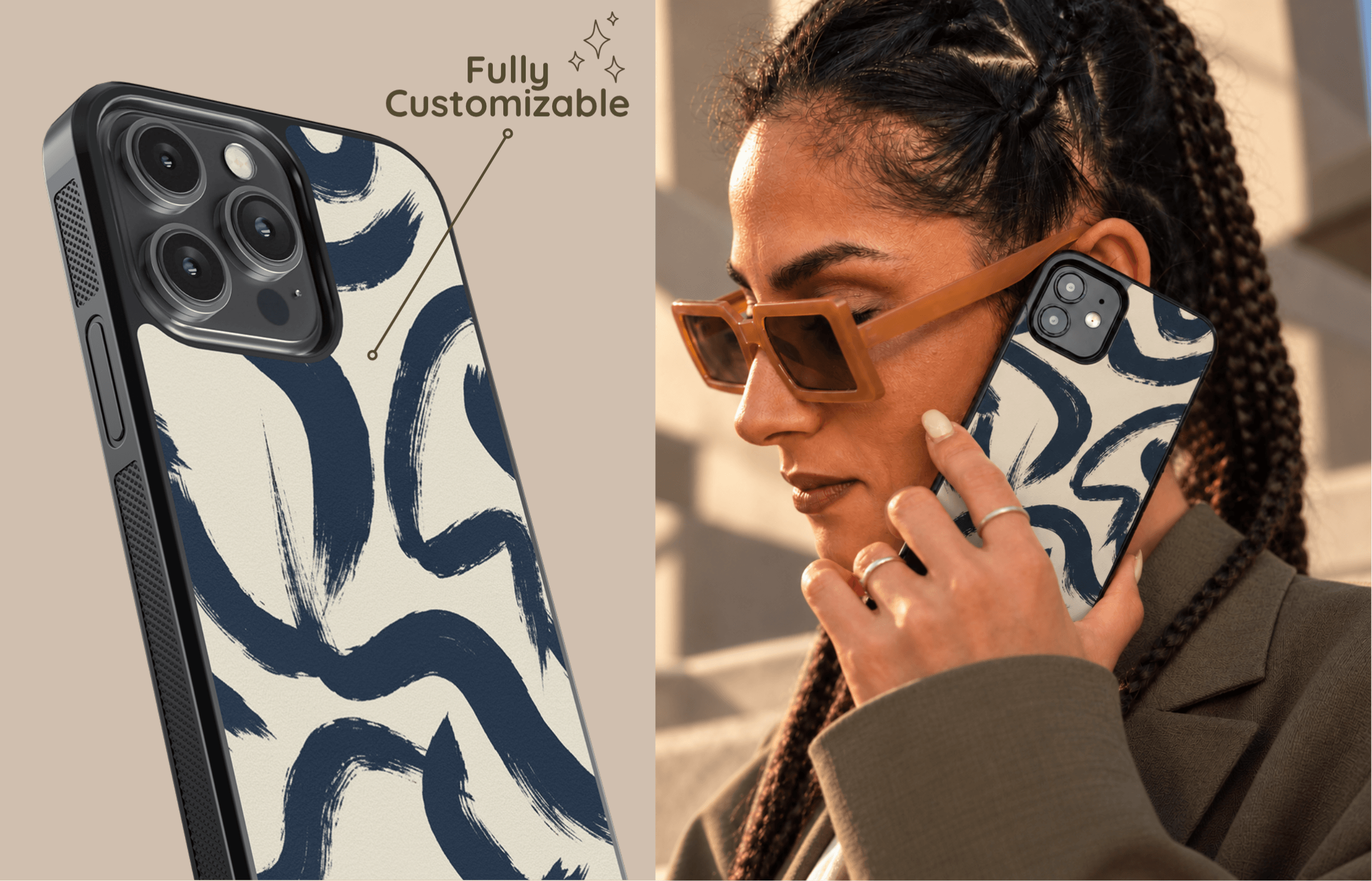 Aura Core Smartphone Case Im Blue Abstract Design Mit Cremefarbenem Grund Und Dunkelblauen Geschwungenen Pinselstrichen Präsentiert in Einer Stilvollen Lifestyle Szene | Yoursubli