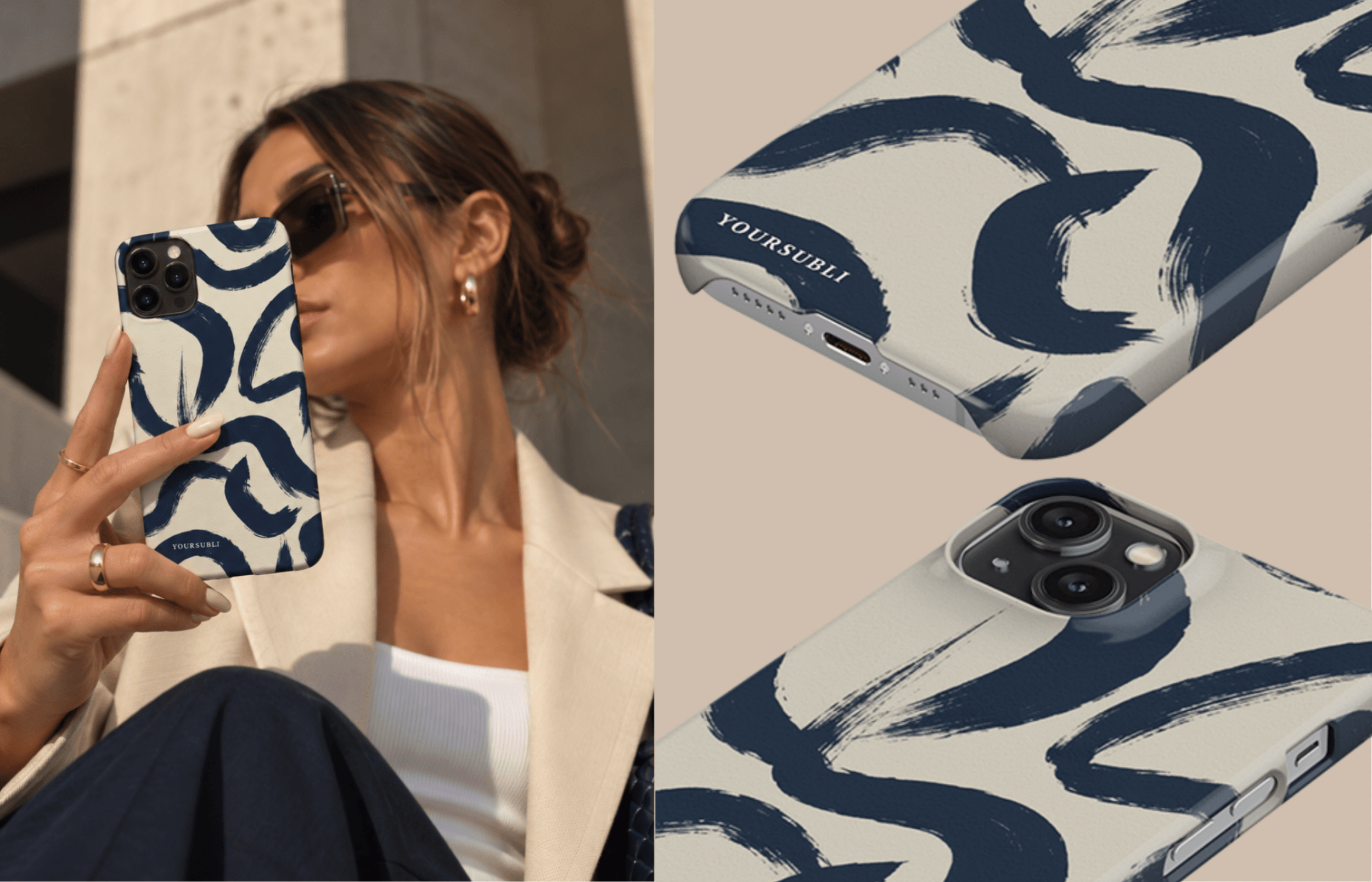 Lumina Case Blue Abstract Mit Abstrakten Dunkelblauen Pinselstrichen Auf Cremefarbenem Grund Inszeniert in Einer Modernen Lifestyle Ästhetik Mit Passenden Detailaufnahmen Des Designs | Yoursubli