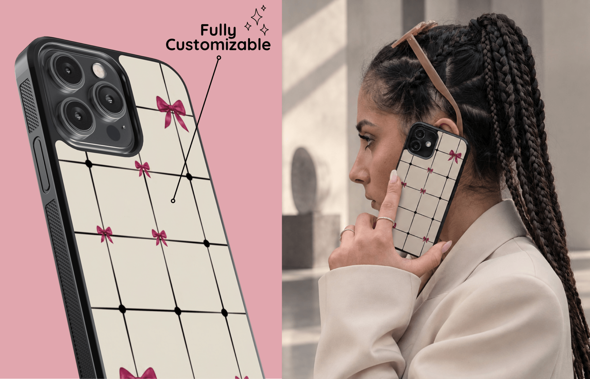 Aura Core Smartphone Case Im Bow Grid Design Mit Cremefarbenem Raster Schwarzen Linien Und Pinken Schleifen Präsentiert in Einer Stilvollen Passenden Lifestyle Szene | Yoursubli
