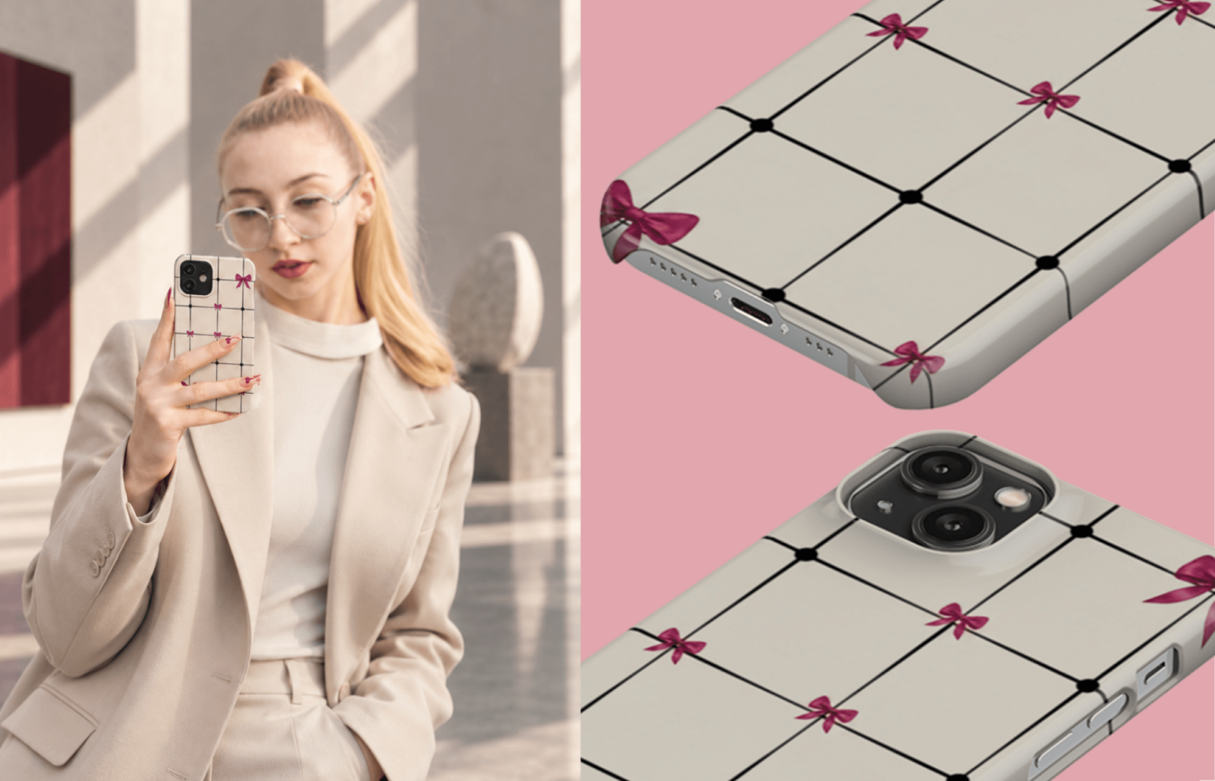 Lumina Case Bow Grid in Creme Mit Schwarzem Linienraster Und Pinken Schleifen Inszeniert in Einer Modernen Lifestyle Ästhetik Mit Passenden Detailaufnahmen Des Designs | Yoursubli