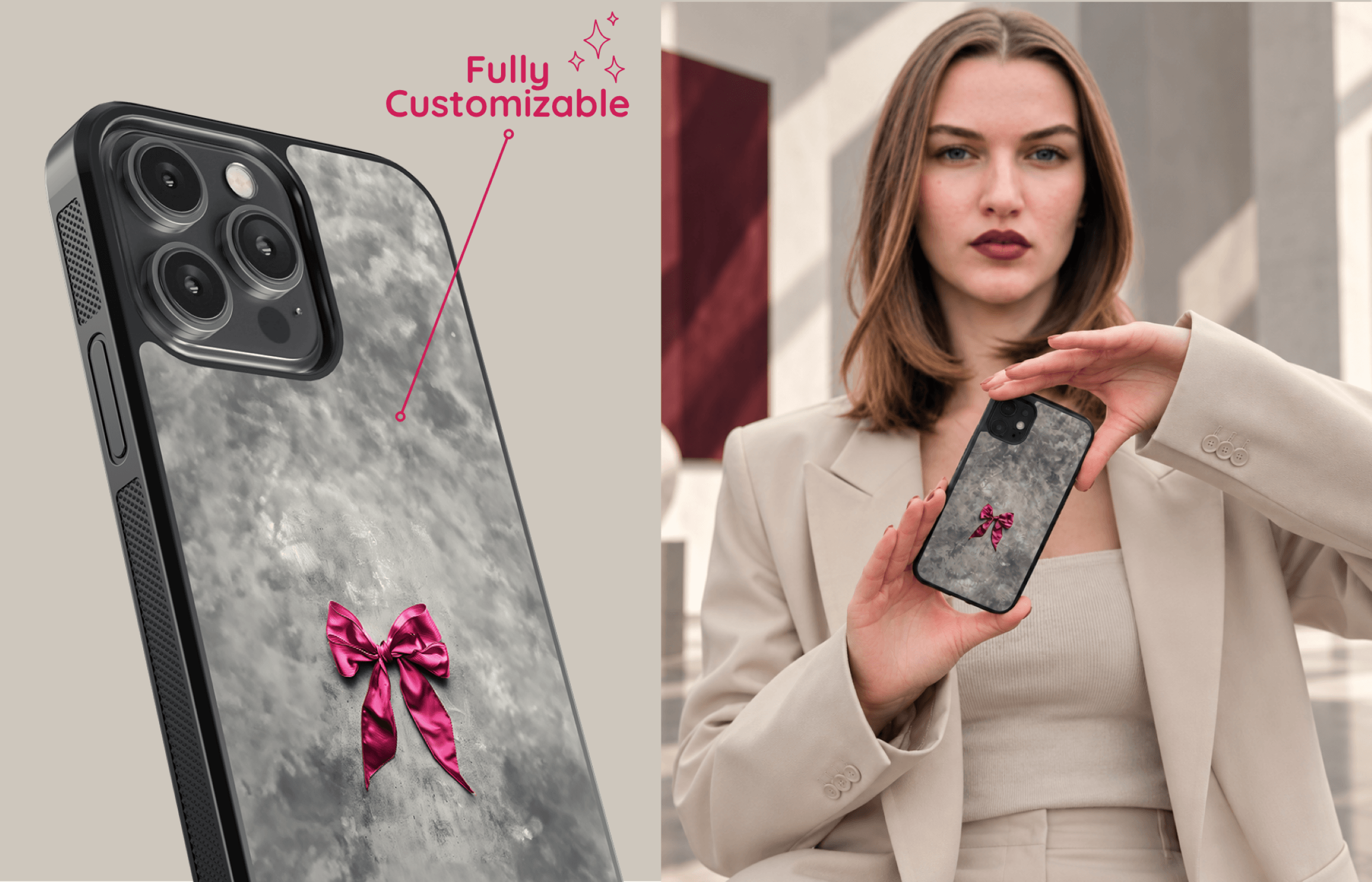 Aura Core Smartphone Case Im Concrete Bow Design Mit Grauer Betonoptik Und Glänzender Schleife in Dunklem Bordeaux Und Pink Präsentiert in Einer Stilvollen Passenden Lifestyle Szene | Yoursubli
