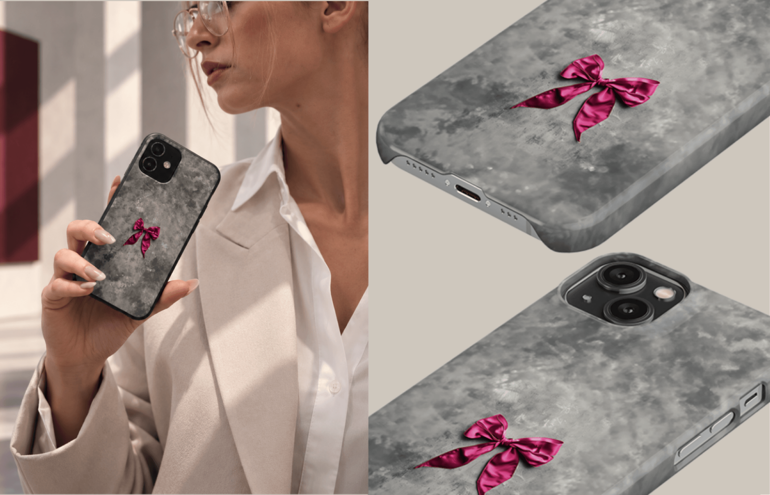 Lumina Case Concrete Bow in Grauer Betonoptik Mit Einer Glänzenden Schleife in Bordeaux Und Pink Inszeniert in Einer Modernen Lifestyle Ästhetik Mit Passenden Detailaufnahmen Des Designs | Yoursubli