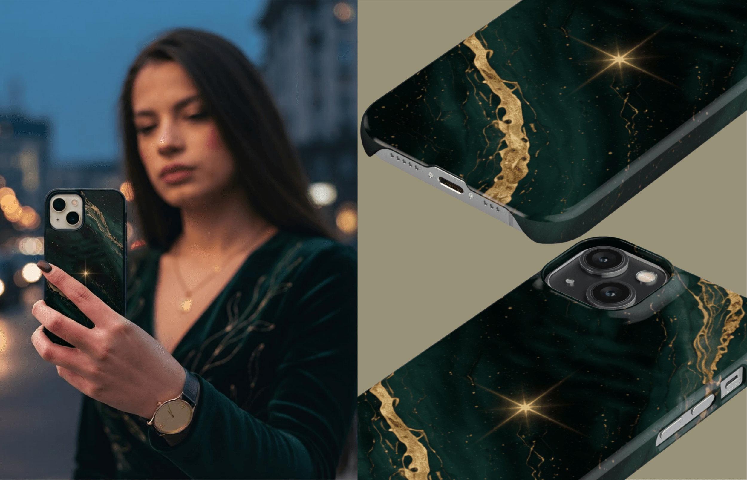 Lumina Case Im Design Emerald Haze Als Detail  Und Handaufnahme Und Von Einer Frau in Der Hand Gehalten | Yoursubli