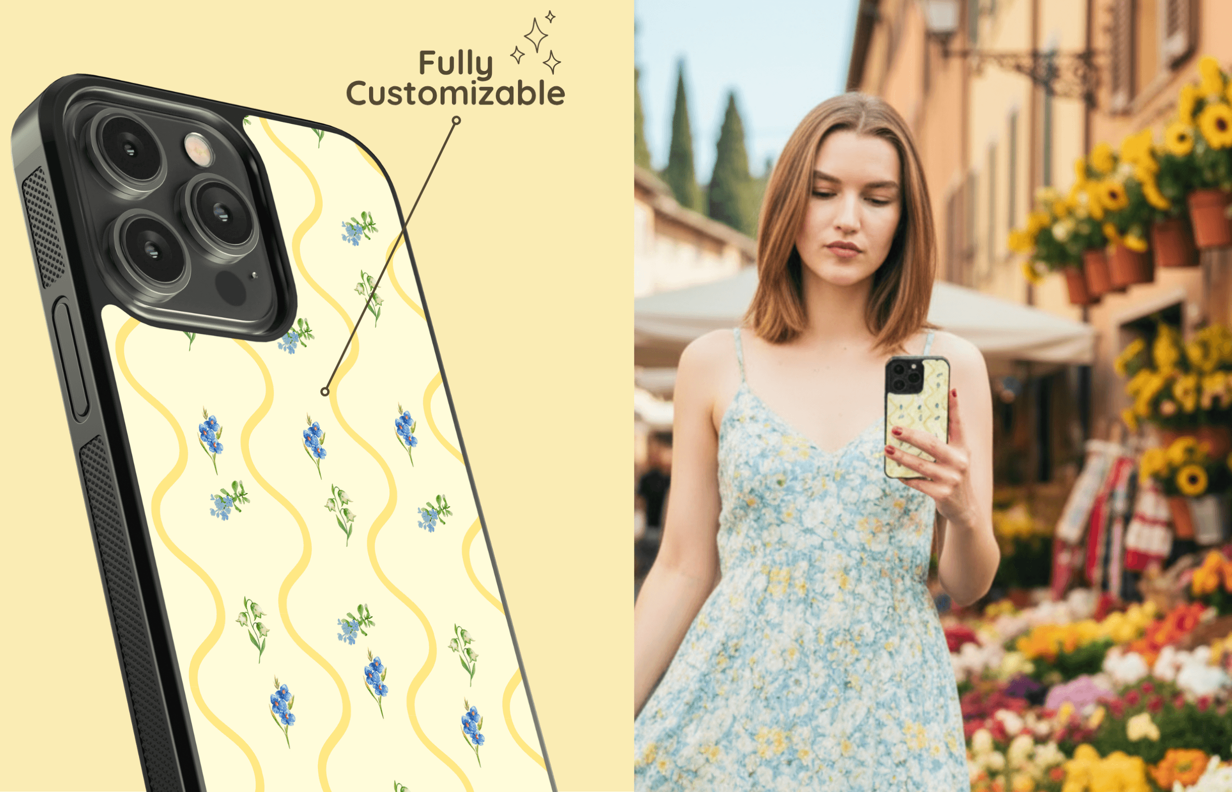 Lemon Waves Aura Core Case Mit Gelben Wellen Und Blauen Blüten Als Detailaufnahme Und Von Einer Frau Vor Einem Blumenladen in Der Hand Gehalten | Yoursubli