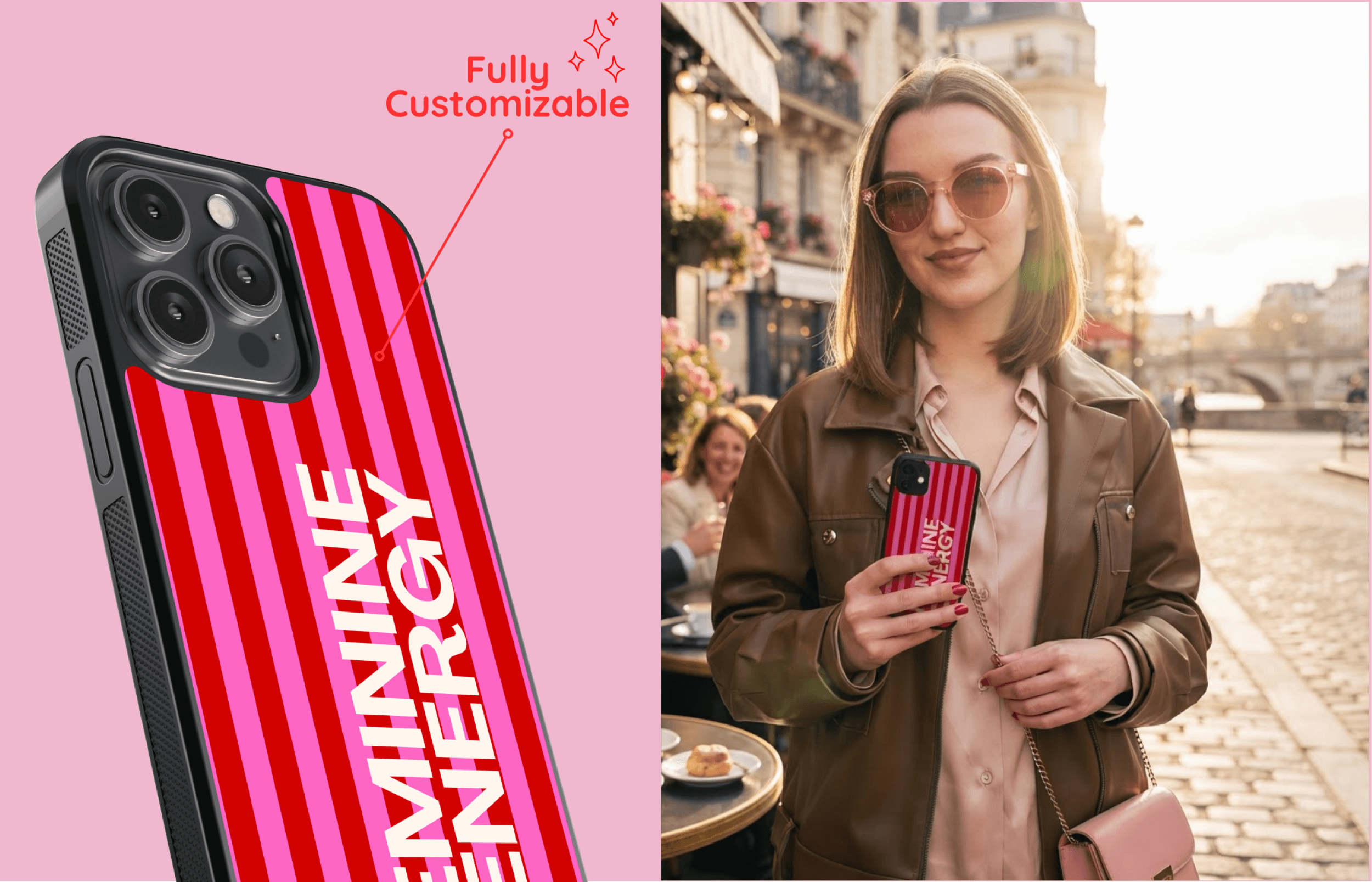 Magnetic 1 | Yoursubli Aura Core Smartphone Case Im Magnetic Design Mit Pinken Und Roten Streifen Sowie Weißer Vertikaler Typografie Präsentiert in Einer Stilvollen Passenden Lifestyle Szene | Yoursubli