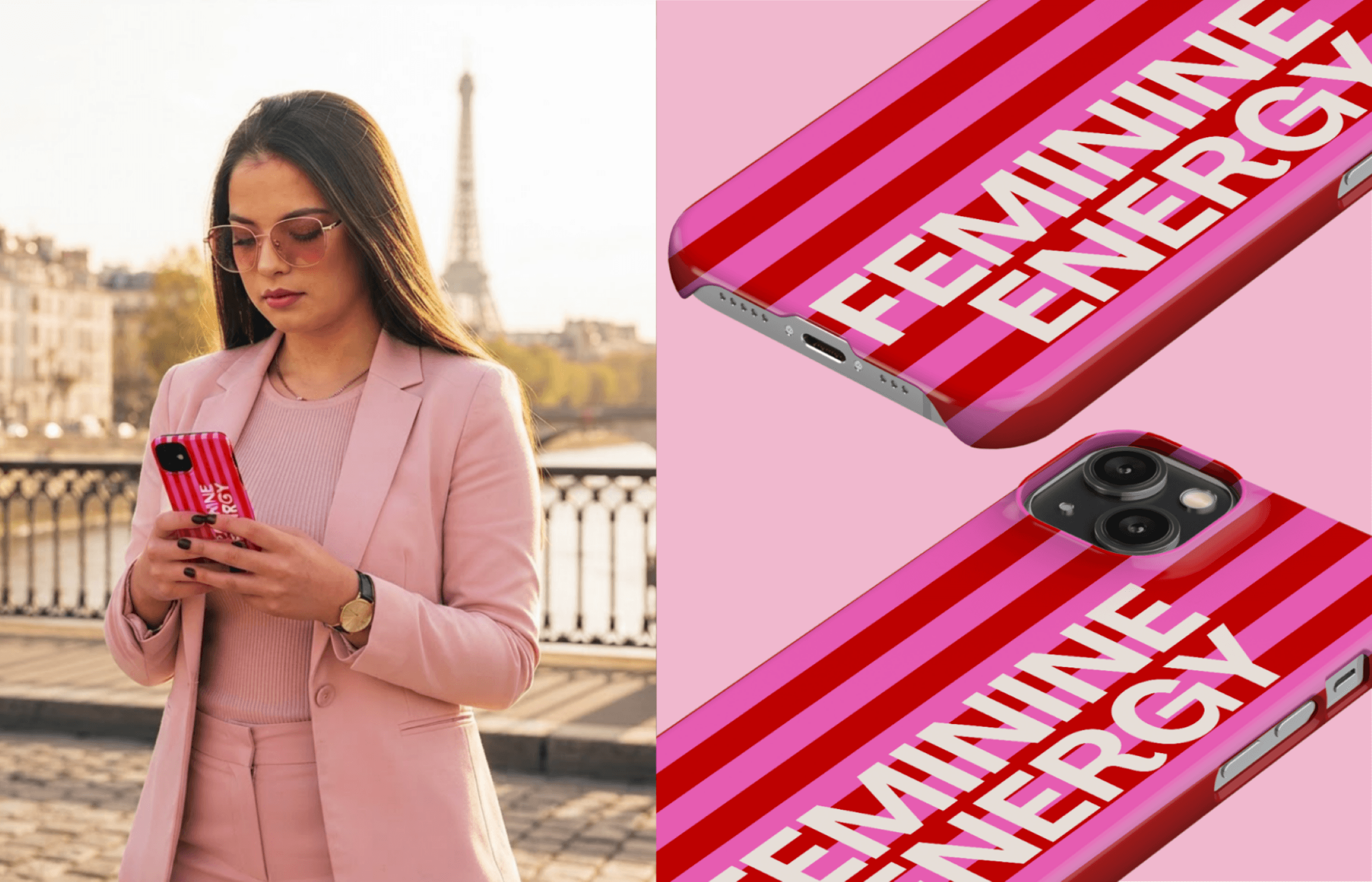 Magnetic 2 | Yoursubli Lumina Case Magnetic in Pink Und Rot Mit Vertikalen Streifen Und Weißem Schriftzug Inszeniert in Einer Modernen Lifestyle Ästhetik Mit Passenden Detailaufnahmen Des Designs | Yoursubli