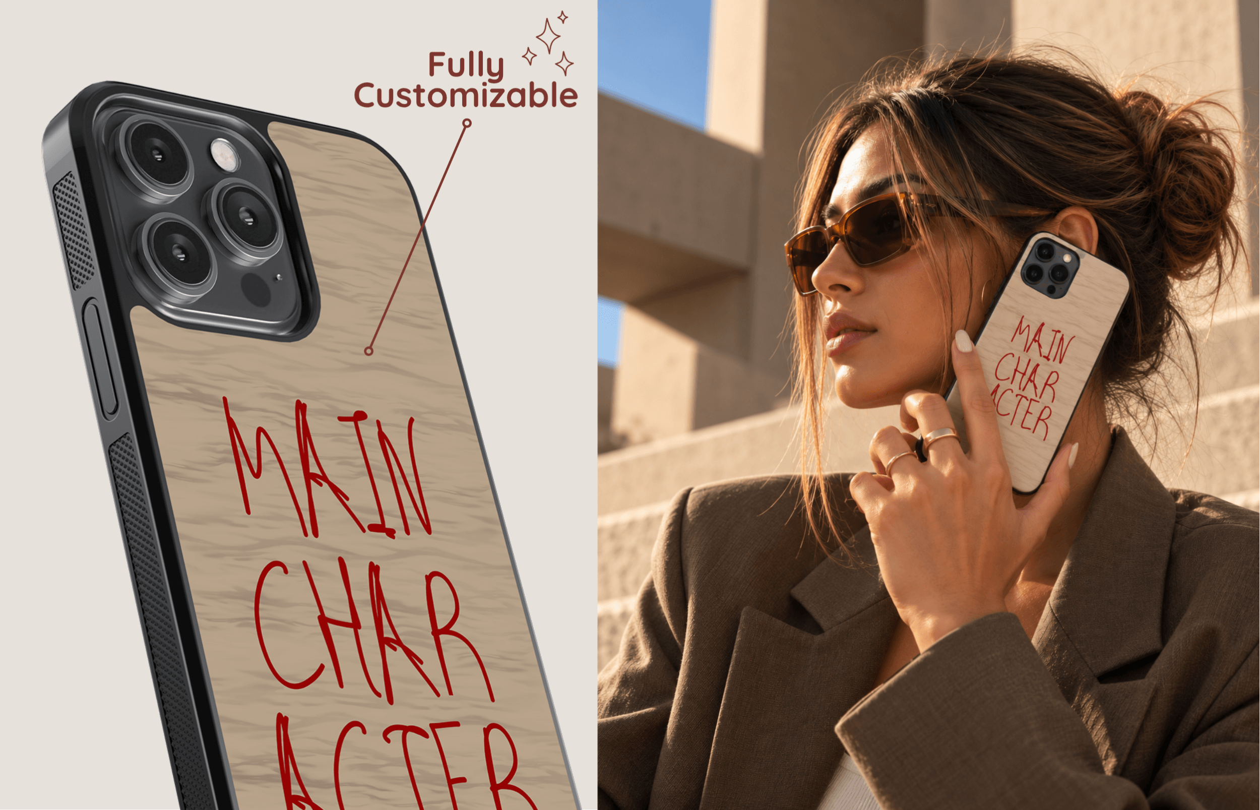 Aura Core Smartphone Case Im Main Acter Design Mit Roter Handschriftlicher Typografie Auf Sandbeigem Fein Gemustertem Hintergrund Präsentiert in Einer Stilvollen Lifestyle Szene | Yoursubli