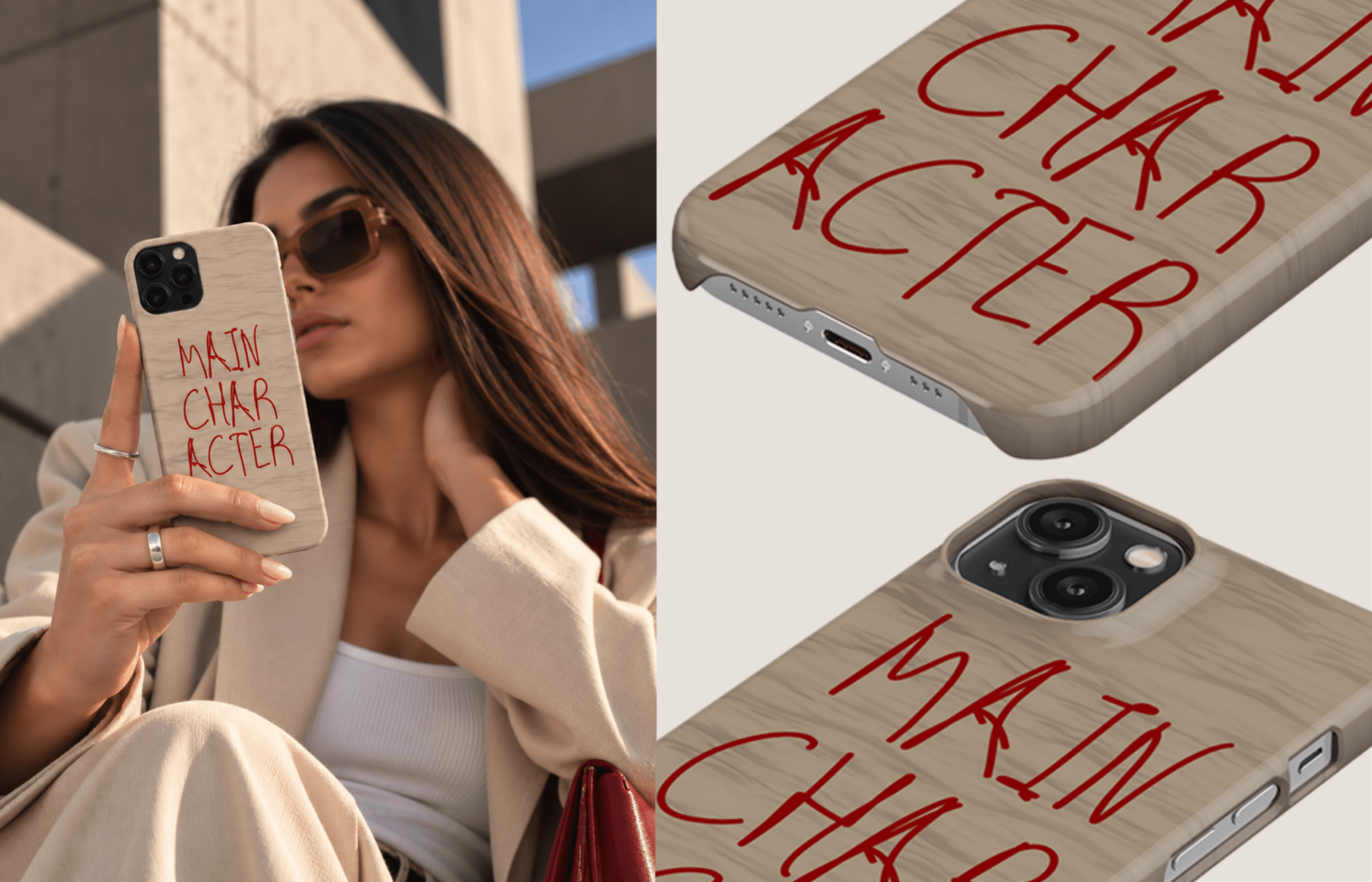 Lumina Case Main Acter Mit Roter Handschrift Und Feinen Horizontalen Linien Auf Warmem Sandbeigem Grund Inszeniert in Einer Modernen Lifestyle Ästhetik Mit Passenden Detailaufnahmen Des Designs | Yoursubli