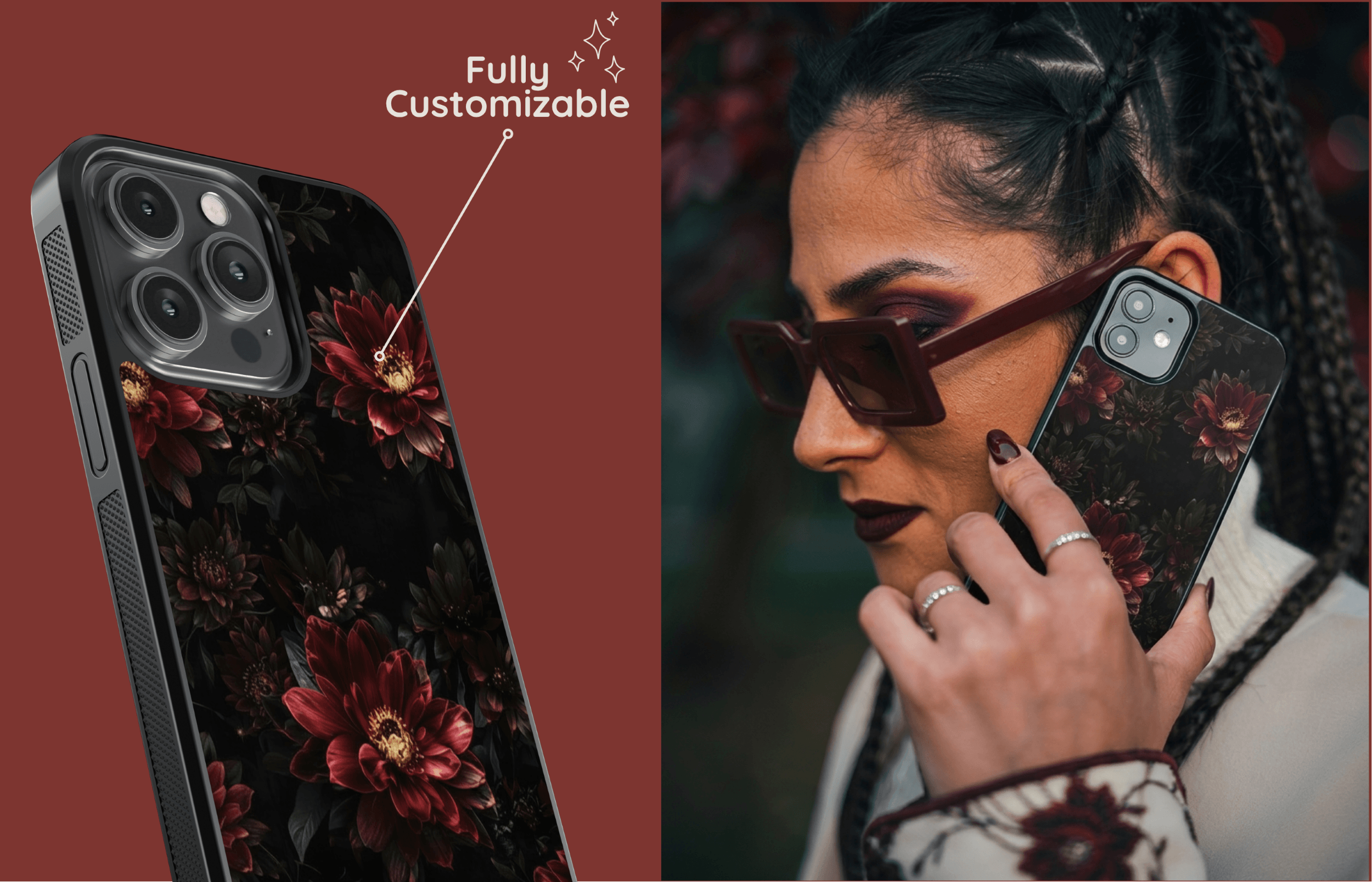 Midnight Bloom Aura Core Case in Dunkler Edler Blüten optik Als Detailaufnahme Und Von Einer Frau Abends in Der Stadt Gehalten | Yoursubli