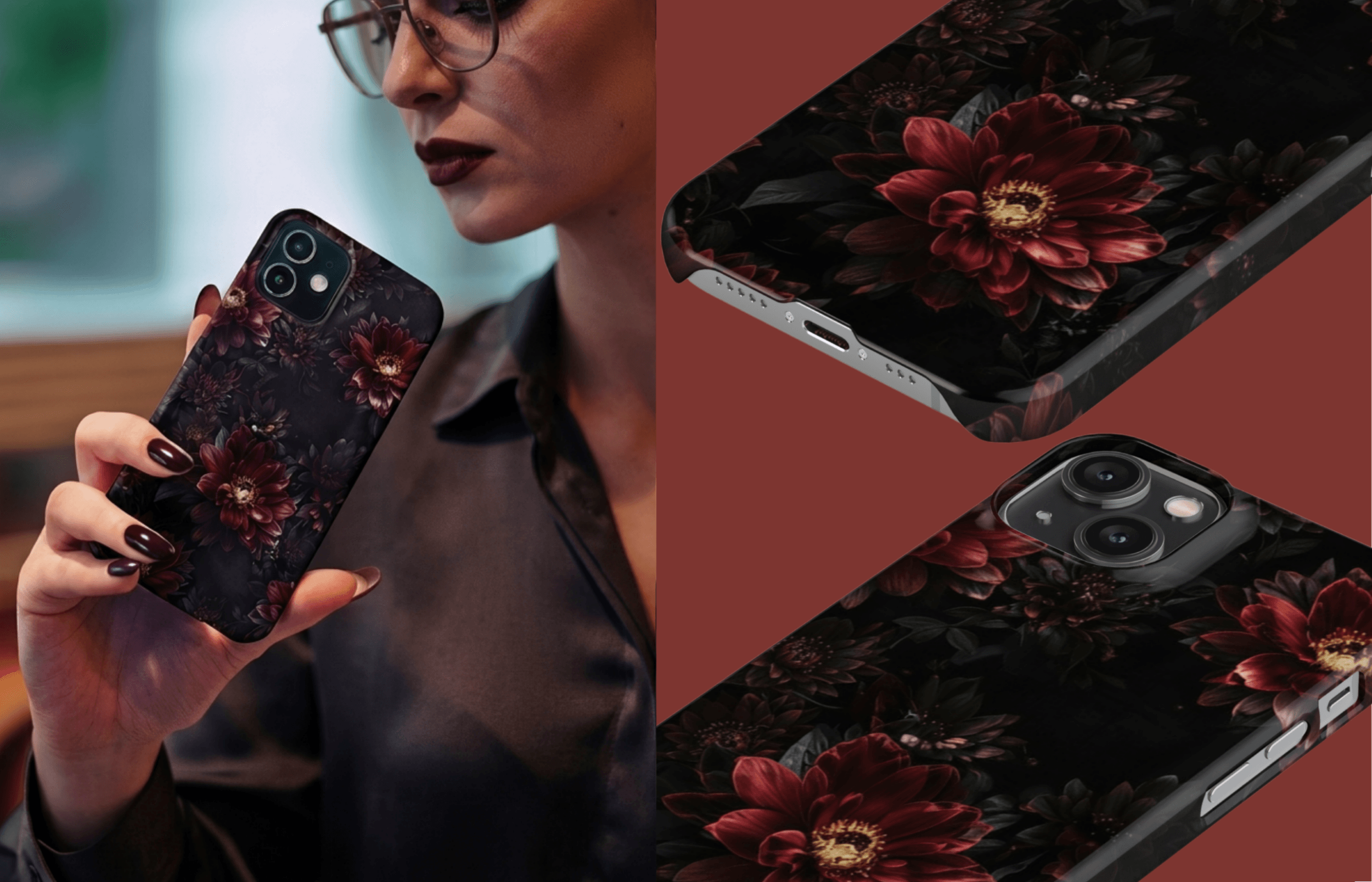 Lumina Case Im Design Midnight Bloom Als Detail  Und Handaufnahme Und Von Einer Frau in Der Hand Gehalten | Yoursubli