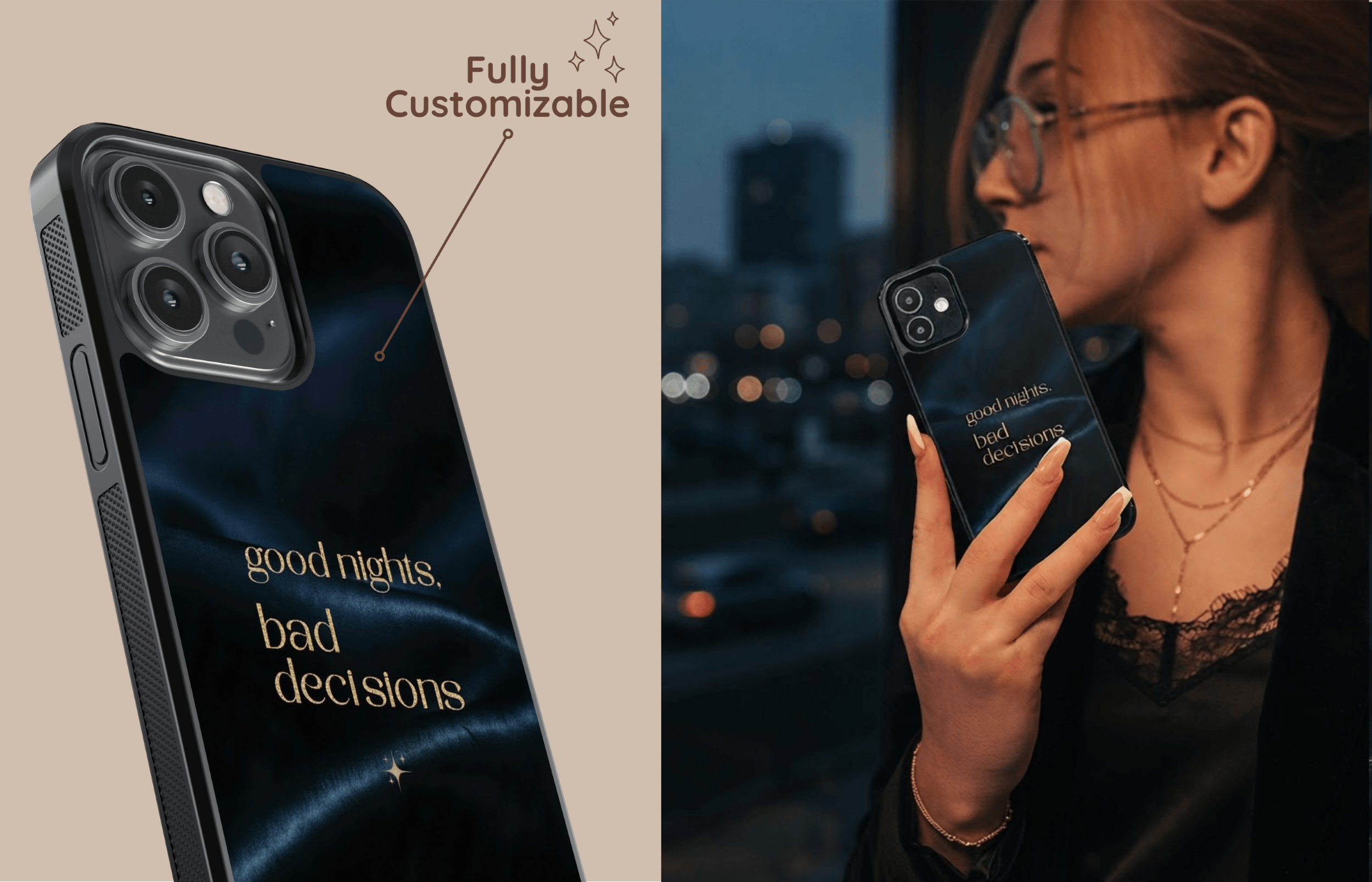 Nocturnal Aura Core Case in Dunkler Edler Seidenoptik Mit Goldenen Akzenten Als Detailaufnahme Und Von Einer Frau Abends in Der Stadt Gehalten | Yoursubli