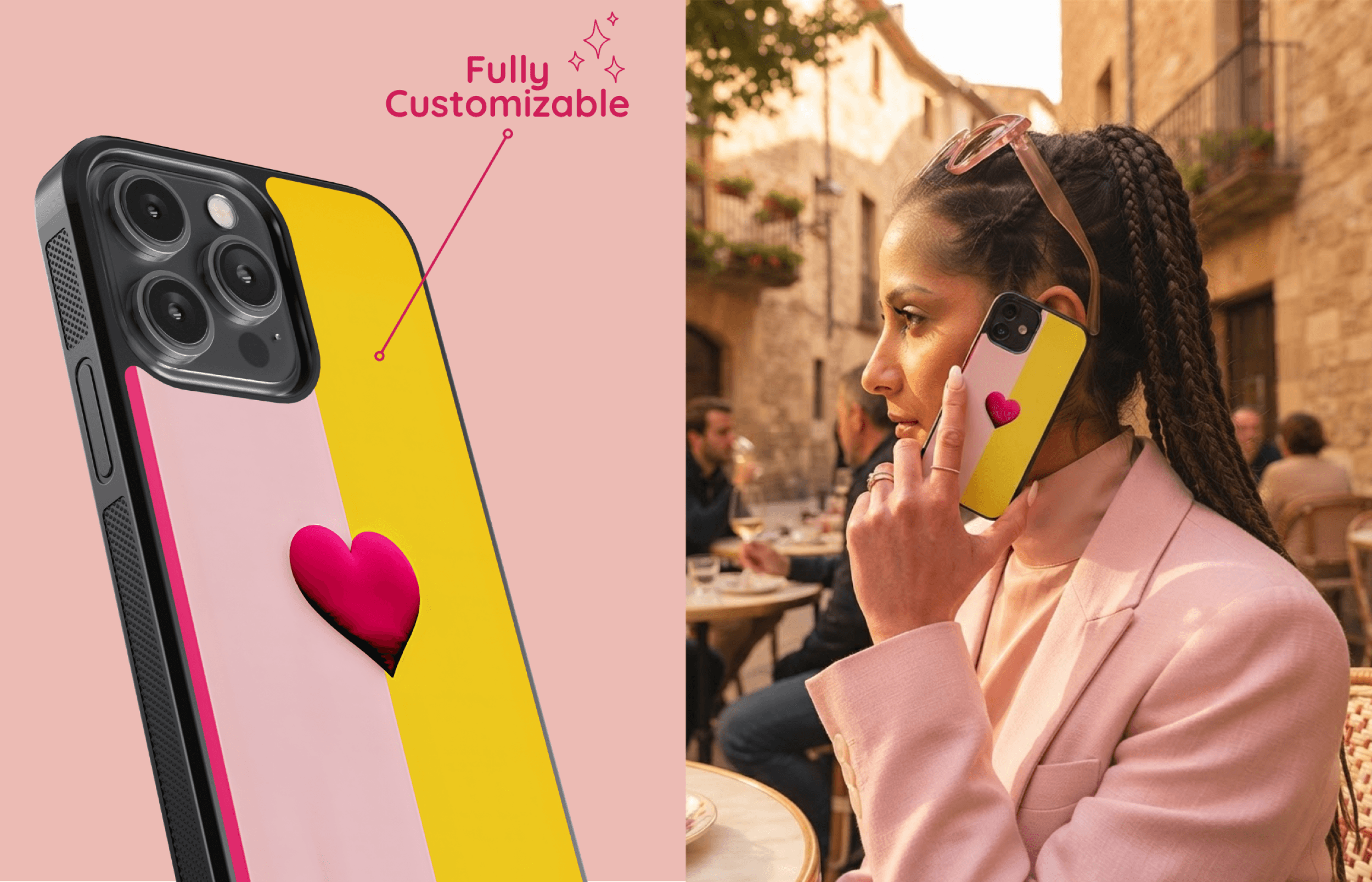 Aura Core Smartphone Case Im Pink Passion Design Mit Rosa Pinken Und Gelben Farbstreifen Sowie Herzdetail Präsentiert in Einer Stilvollen Passenden Lifestyle Szene | Yoursubli