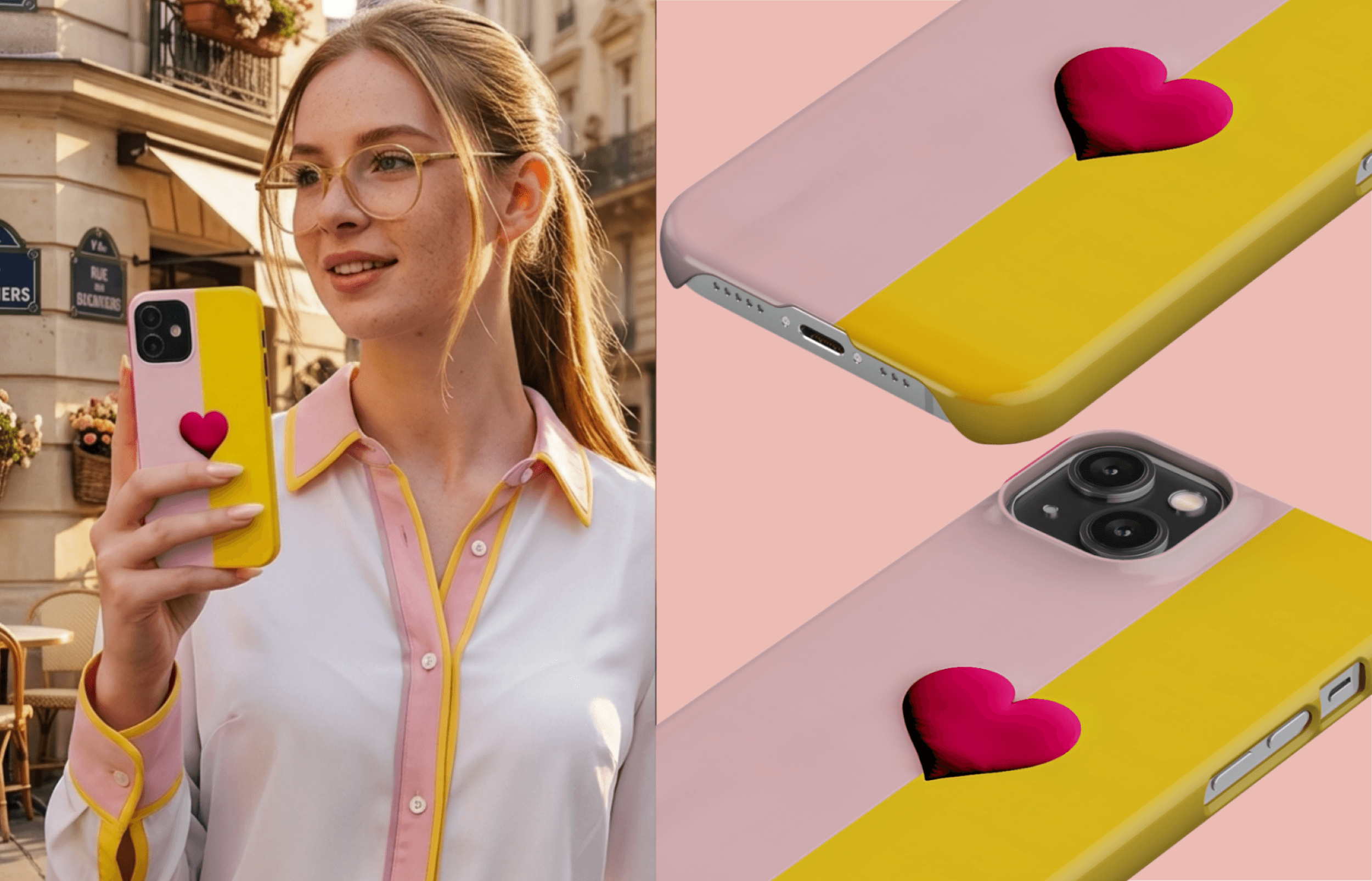 Lumina Case Pink Passion in Rosa Pink Und Gelb Mit Vertikalen Farbstreifen Und Pinkem Herzdetail Inszeniert in Einer Modernen Lifestyle Ästhetik Mit Passenden Detailaufnahmen Des Designs | Yoursubli