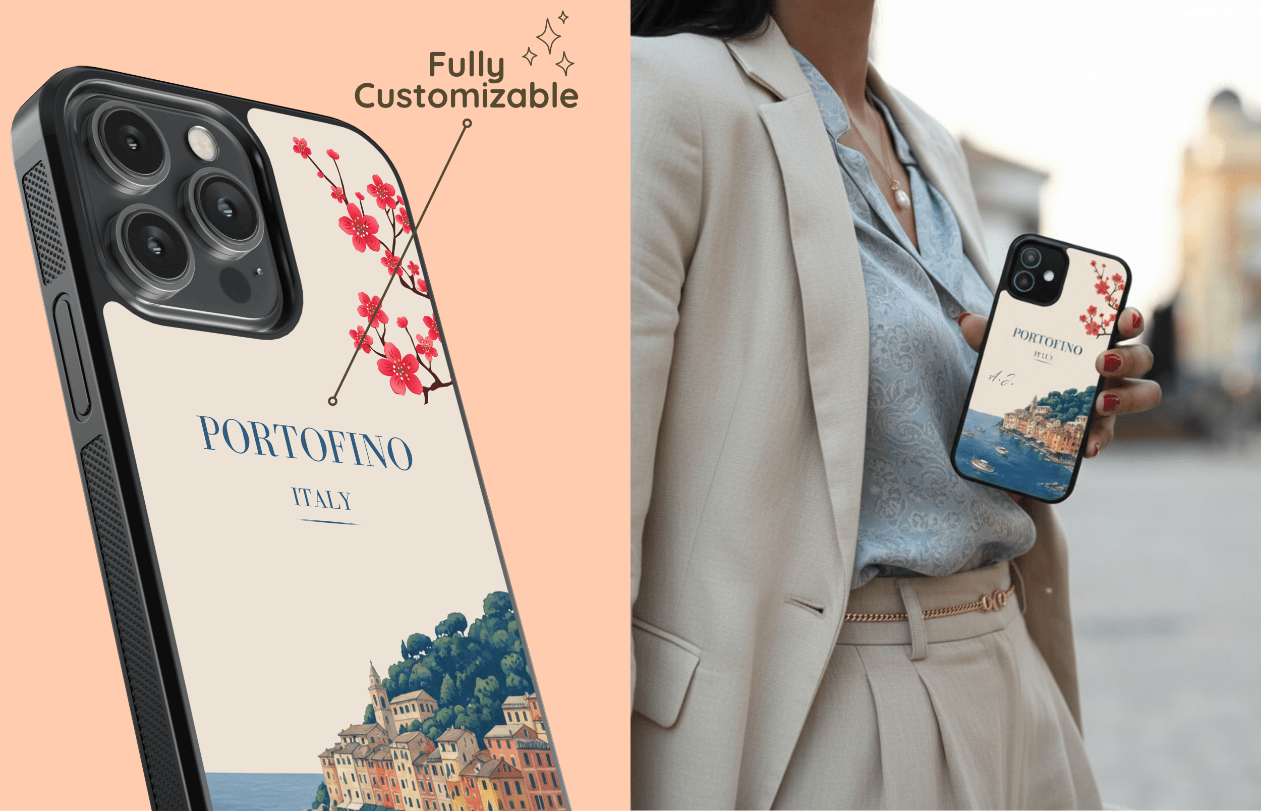 Eine Stilbewusste Person in Einem Eleganten Beigen Hosenanzug Hält Eine Personalisierte Handyhülle Die Aura Core Case Mit portofino Italy design Links Davon Ist Eine Nahaufnahme Der Hülle Zu Sehen Die Deine Kreativität Und Deinen Individuellen Stil Unterstreicht | Yoursubli