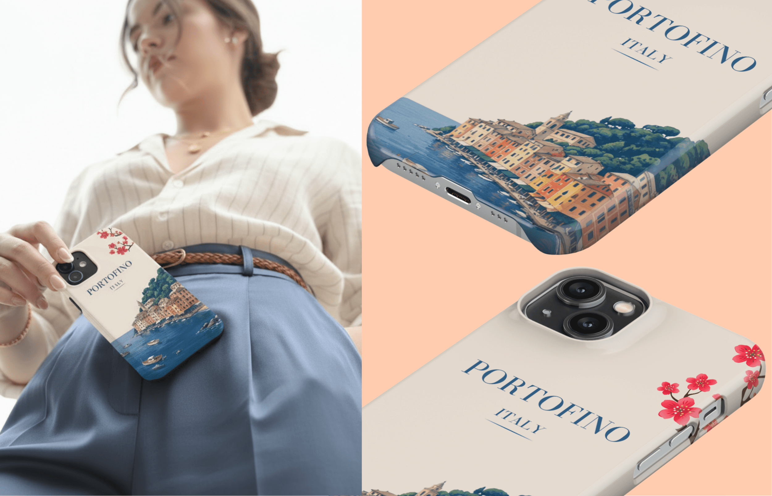 Zwei Ansichten Deiner Neuen Lieblingshülle Der Armor Case Links Siehst Du Das portofino design Auf Einer Schwarzen Und Einer Weißen Hüllenbasis Rechts Hält Eine Person Die Gestaltete Hülle in Der Hand Und Zeigt Wie Sie Zu Einem Ausdruck Deiner Identität Wird | Yoursubli