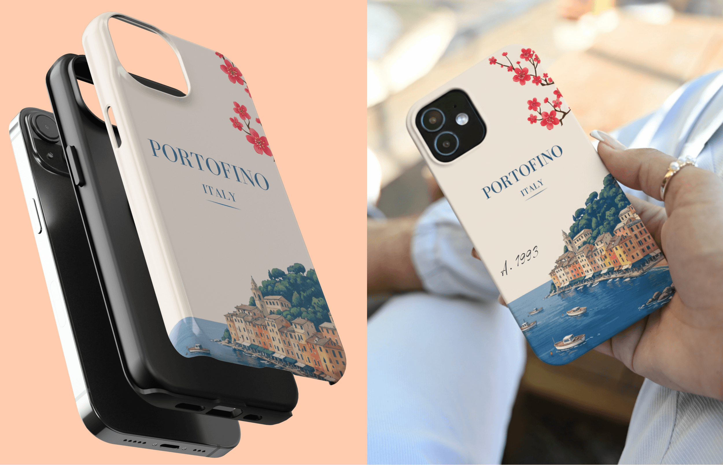 Dein Persönliches Modeaccessoire Im Fokus Eine Person Trägt Die portofino lumina Handyhülle Lässig in Der Hosentasche Rechts Daneben Zeigen Zwei Detailaufnahmen Die Hochwertige Verarbeitung Und Die Einzigartige Ästhetik Des Designs Aus Verschiedenen Perspektiven | Yoursubli