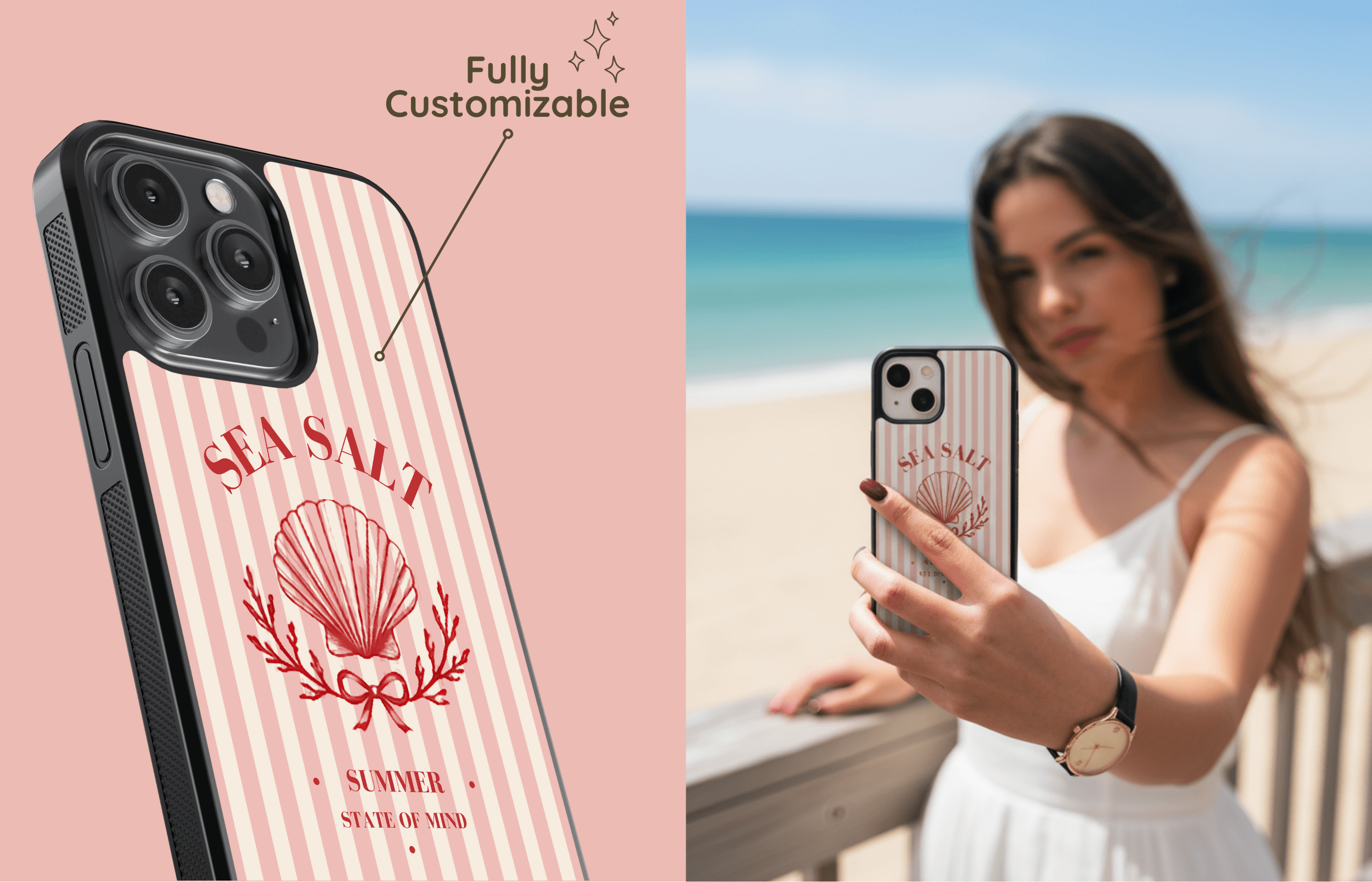 Sea Salt Club Aura Core Case Mit Gestreiften Rosa rot Tönen Als Detailaufnahme Und Von Einer Frau Am Strand Gehalten | Yoursubli
