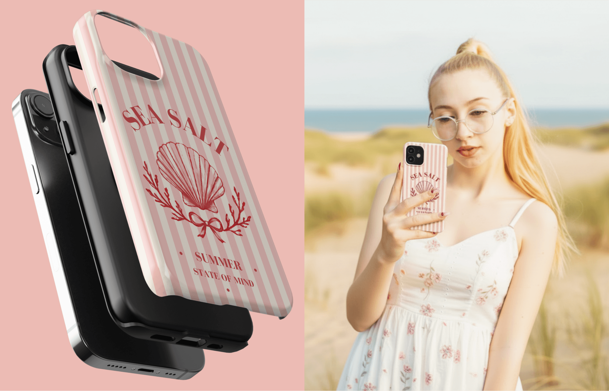 Sea Salt Club Handyhülle in Rot Und Rosa Von Einer Frau Gehalten in Sommerlicher Umgebung Am Strand | Yoursubli