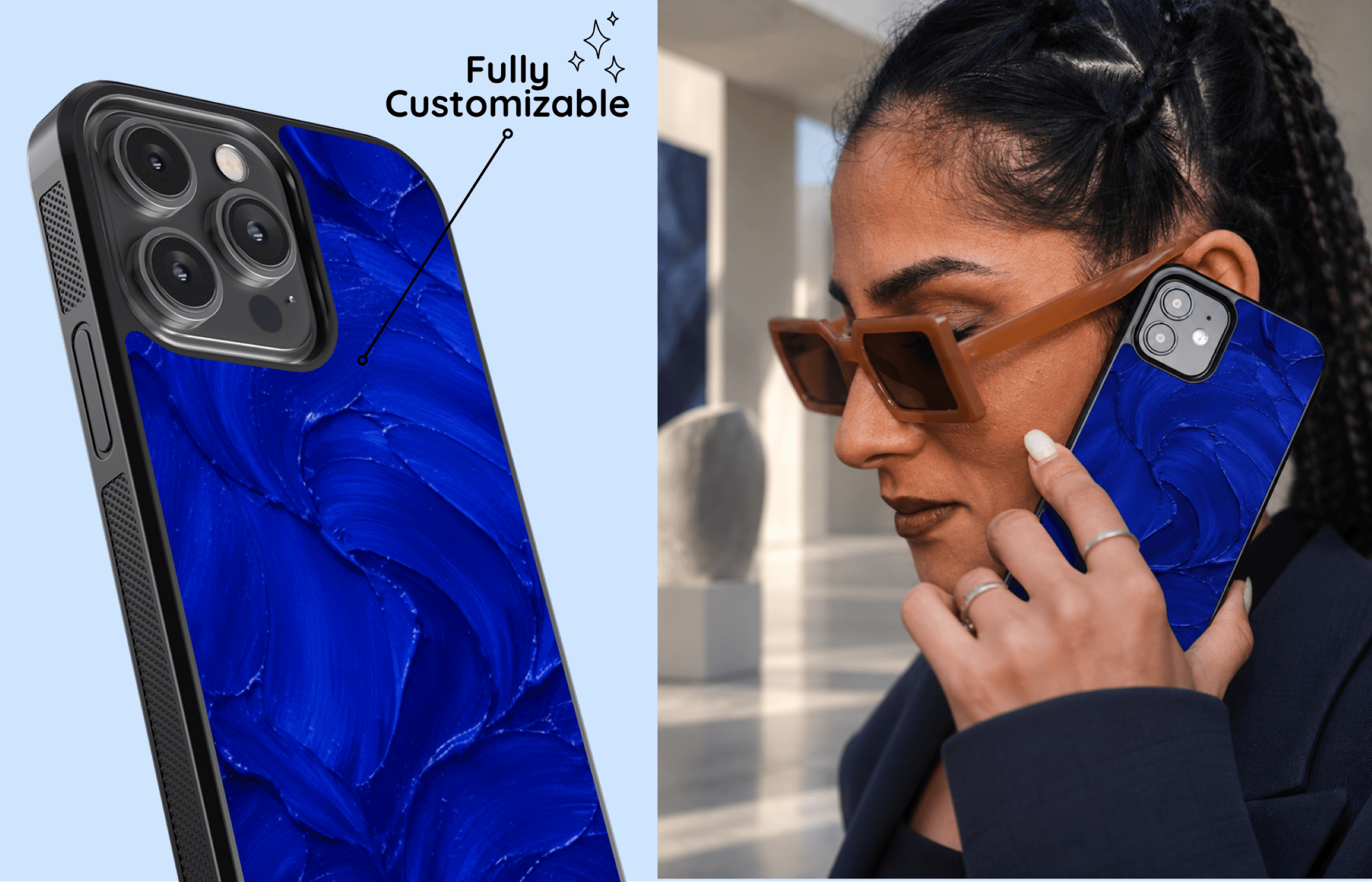 Aura Core Smartphone Case Im Ultramarine Design Mit Tiefblauen Pinselstrukturen Und Organischen Farbverläufen Präsentiert in Einer Stilvollen Passenden Lifestyle Szene | Yoursubli