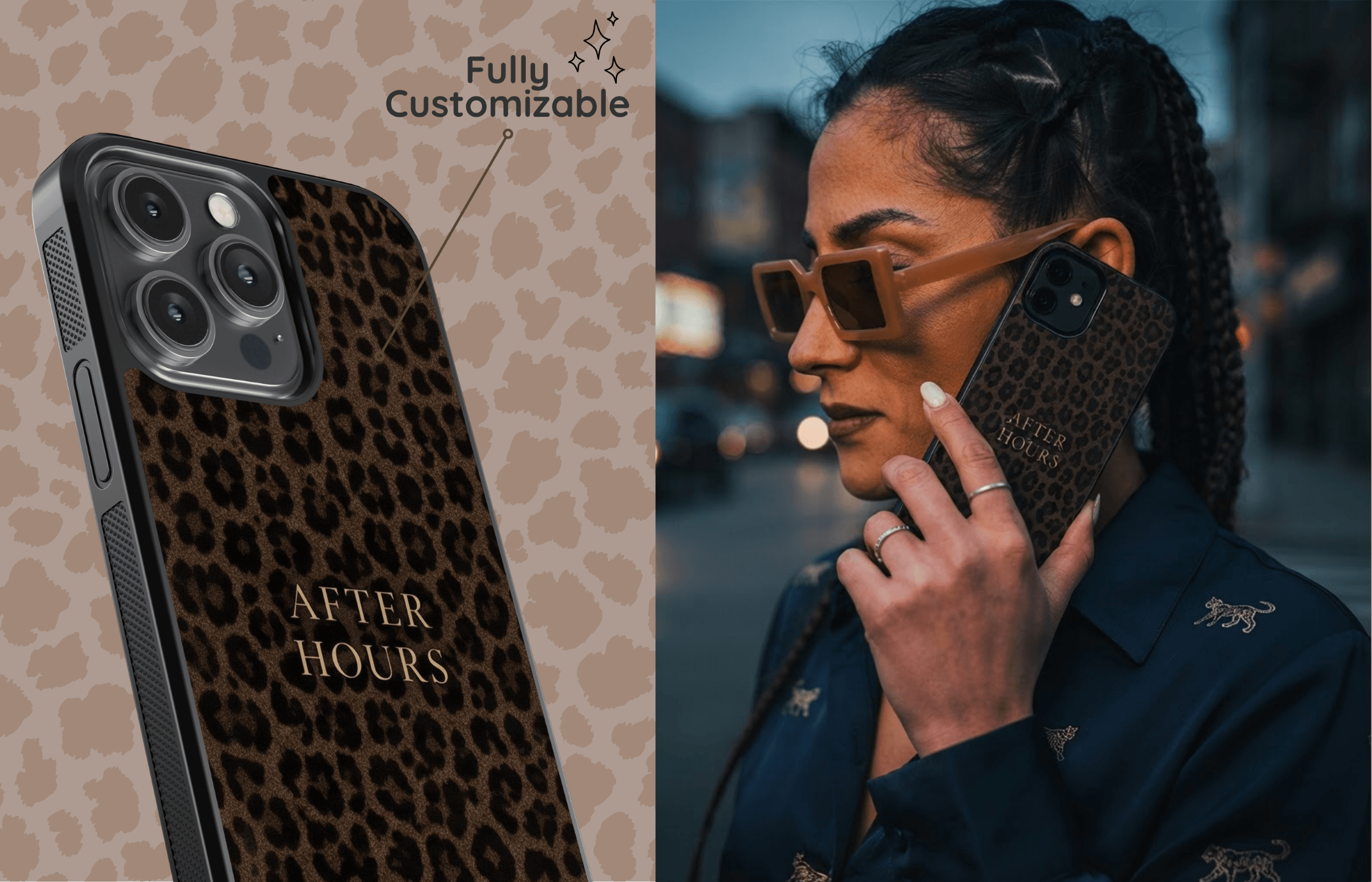 Wild Night Aura Core Case Im Edlen Leopard muster Mit Goldenen Akzenten Als Detailaufnahme Und Von Einer Frau Abends in Der Stadt Gehalten | Yoursubli