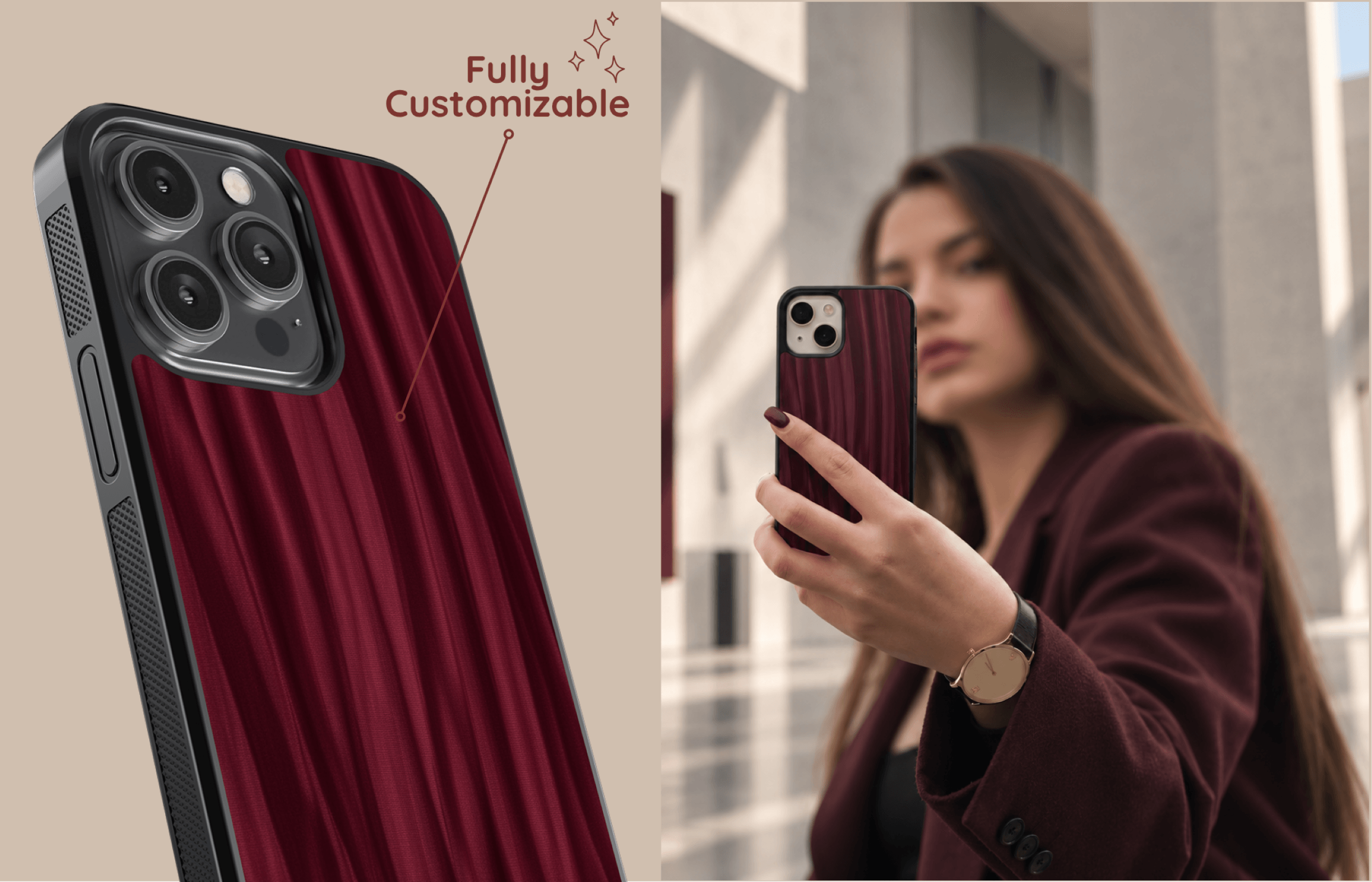 Aura Core Smartphone Case Im Wine Pleat Design Mit Tiefen Bordeaux Und Weinrot Tönen Sowie Vertikalem Faltenmuster Präsentiert in Einer Stilvollen Passenden Lifestyle Szene | Yoursubli