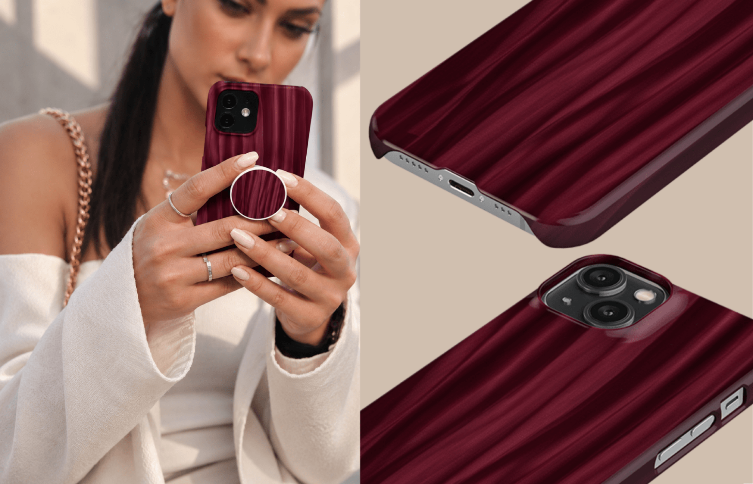 Lumina Case Wine Pleat in Tiefem Weinrot Mit Eleganten Vertikalen Falten Und Sanften Lichtreflexen Inszeniert in Einer Modernen Lifestyle Ästhetik Mit Passenden Detailaufnahmen Des Designs | Yoursubli